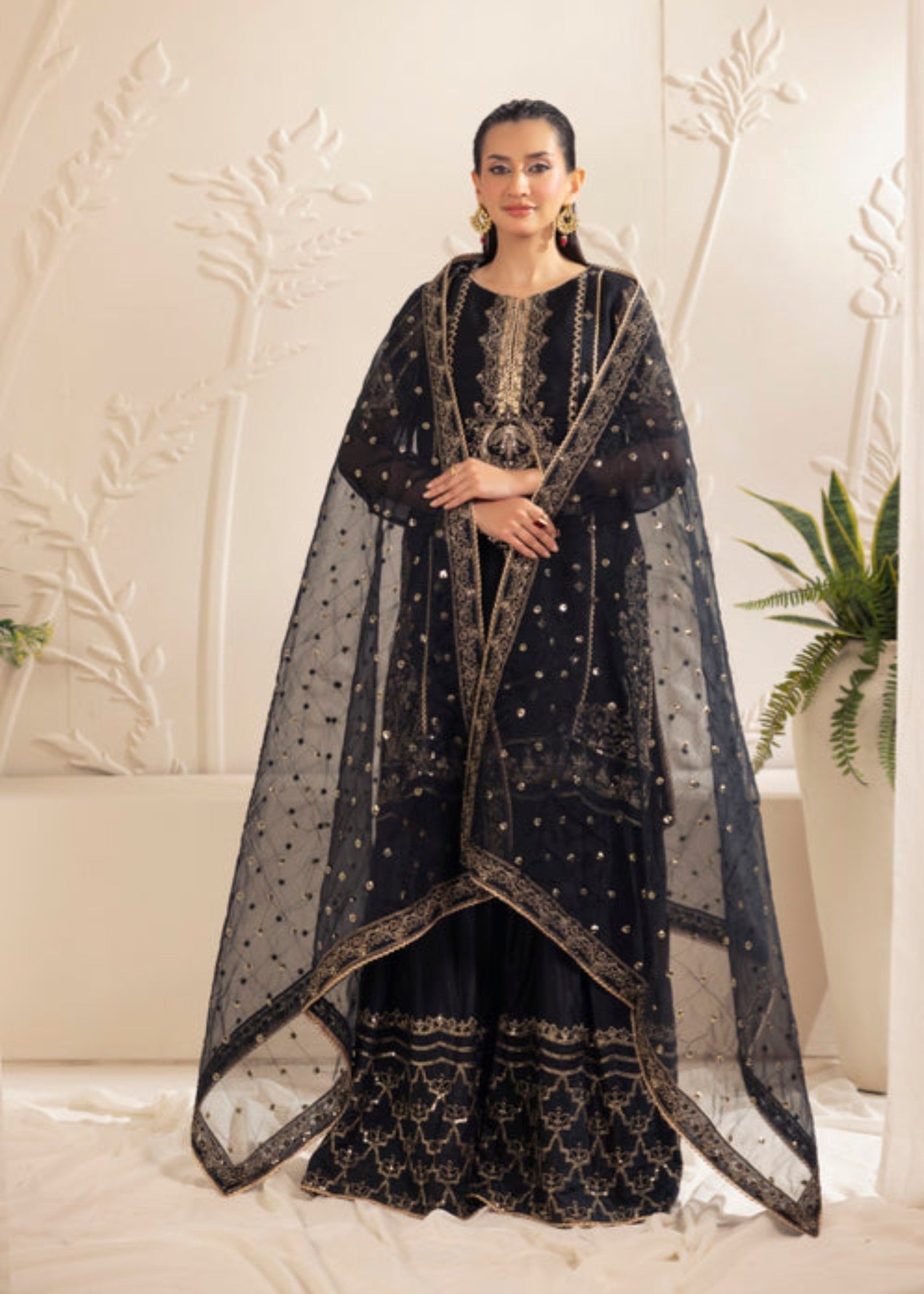 bemberg crinkle chiffon Gharara in Jet black