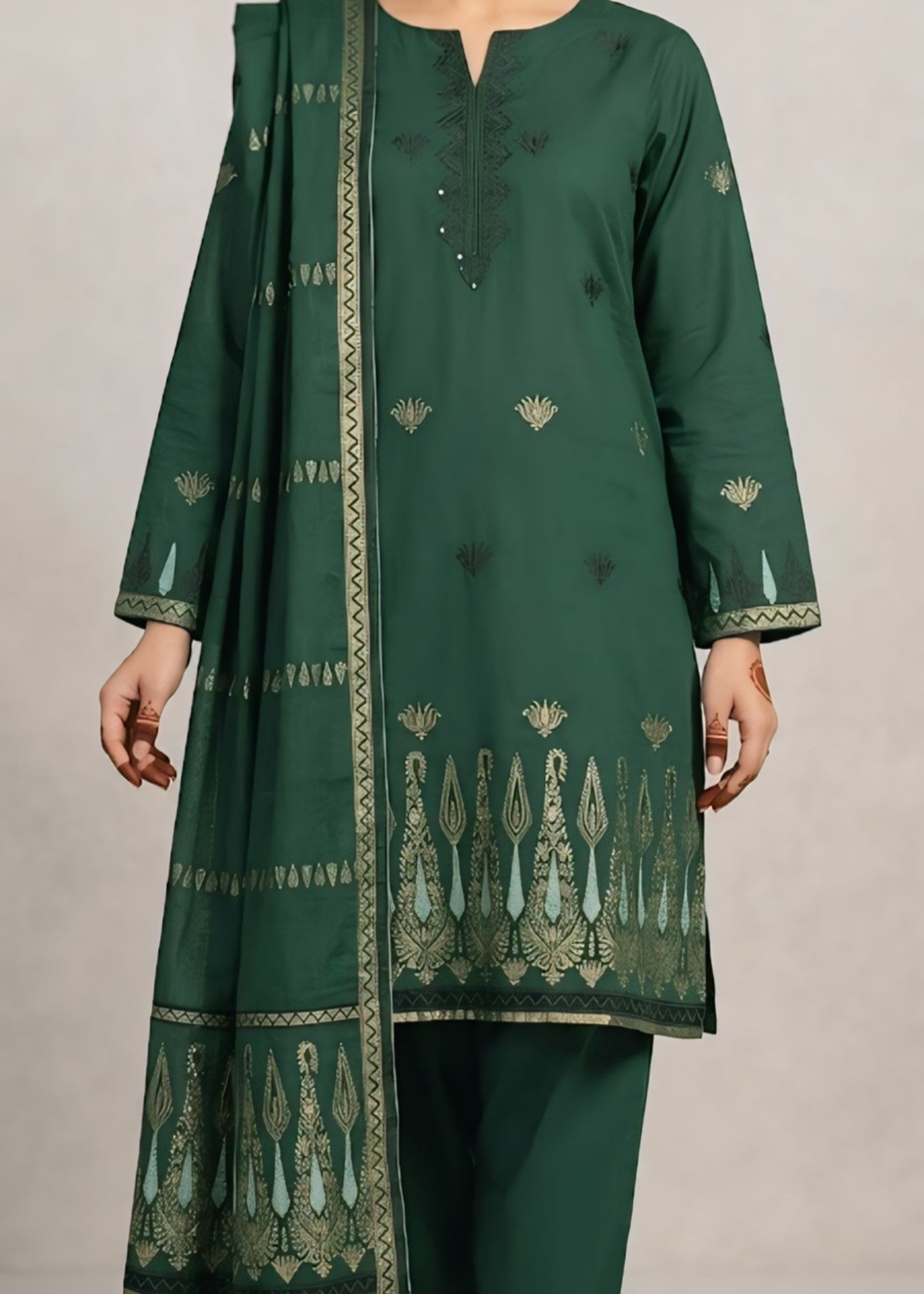 lawn Kurta Set in Blonde, bottle green