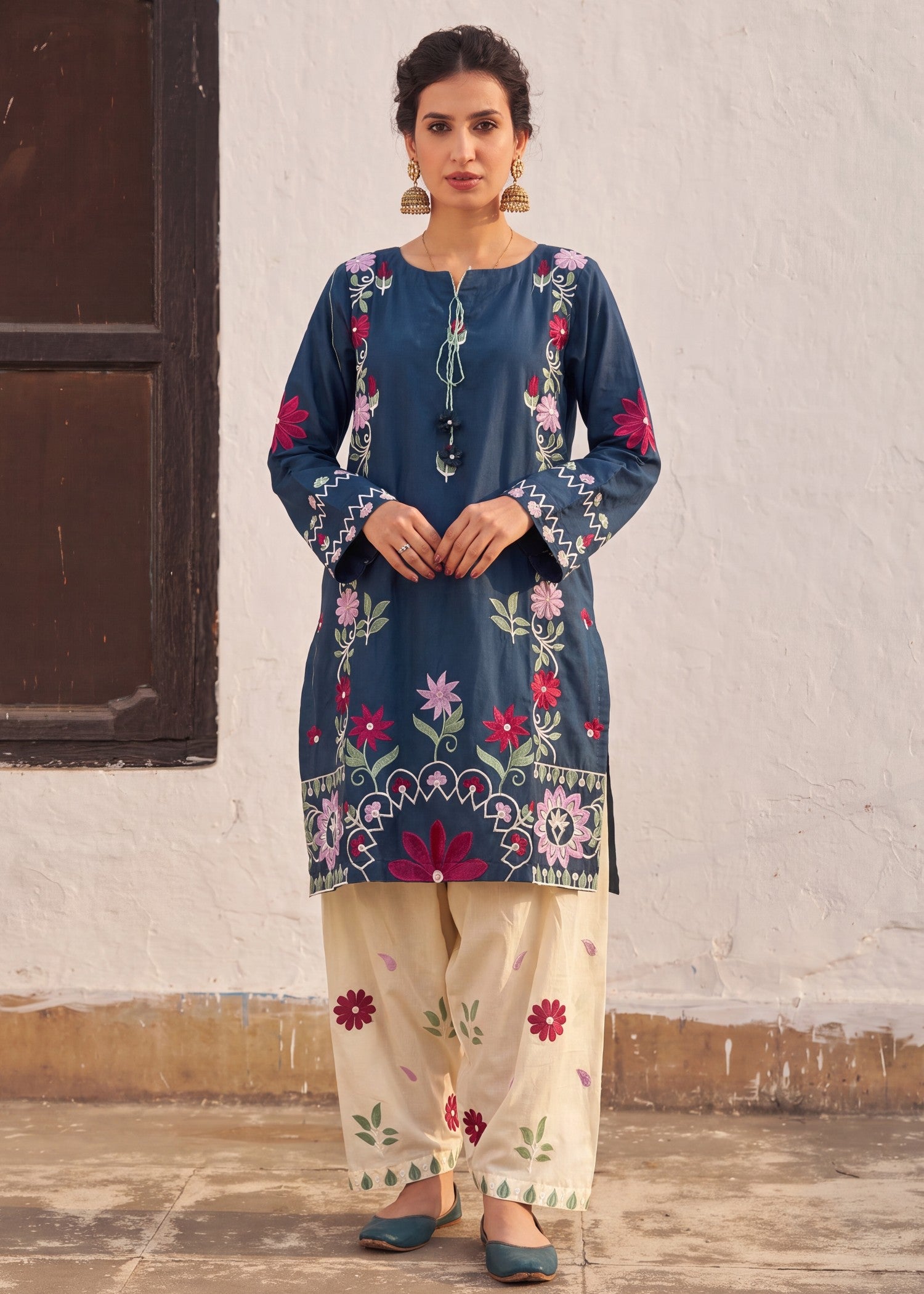 lawn Kurta Set in Steel blue