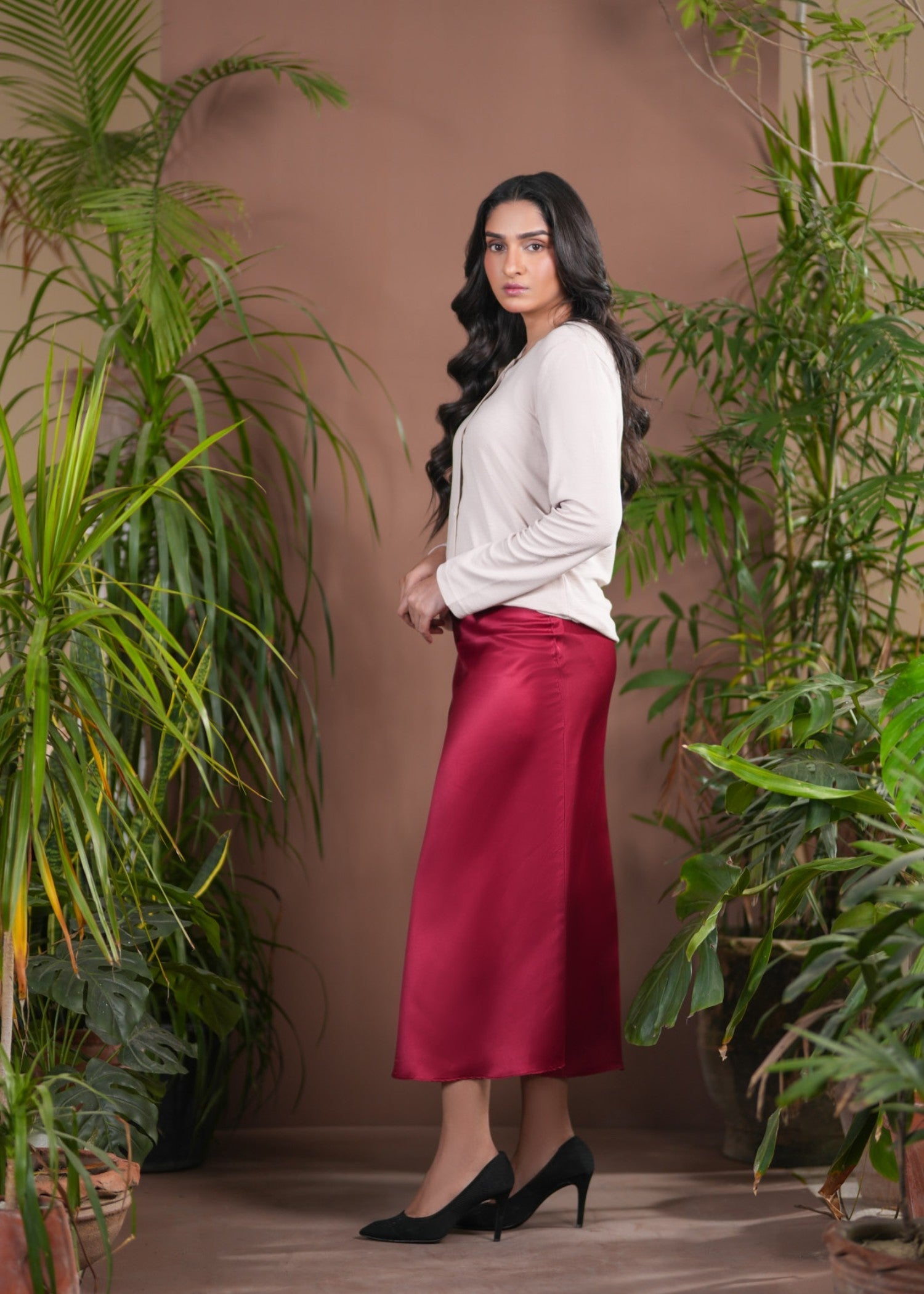 satin silk Skirt in Maroon
