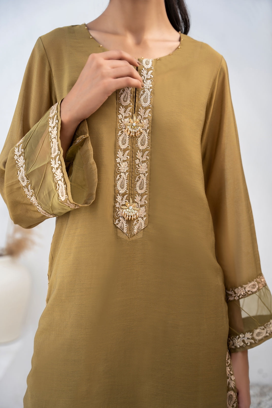 voile Kurta Set in Olive green