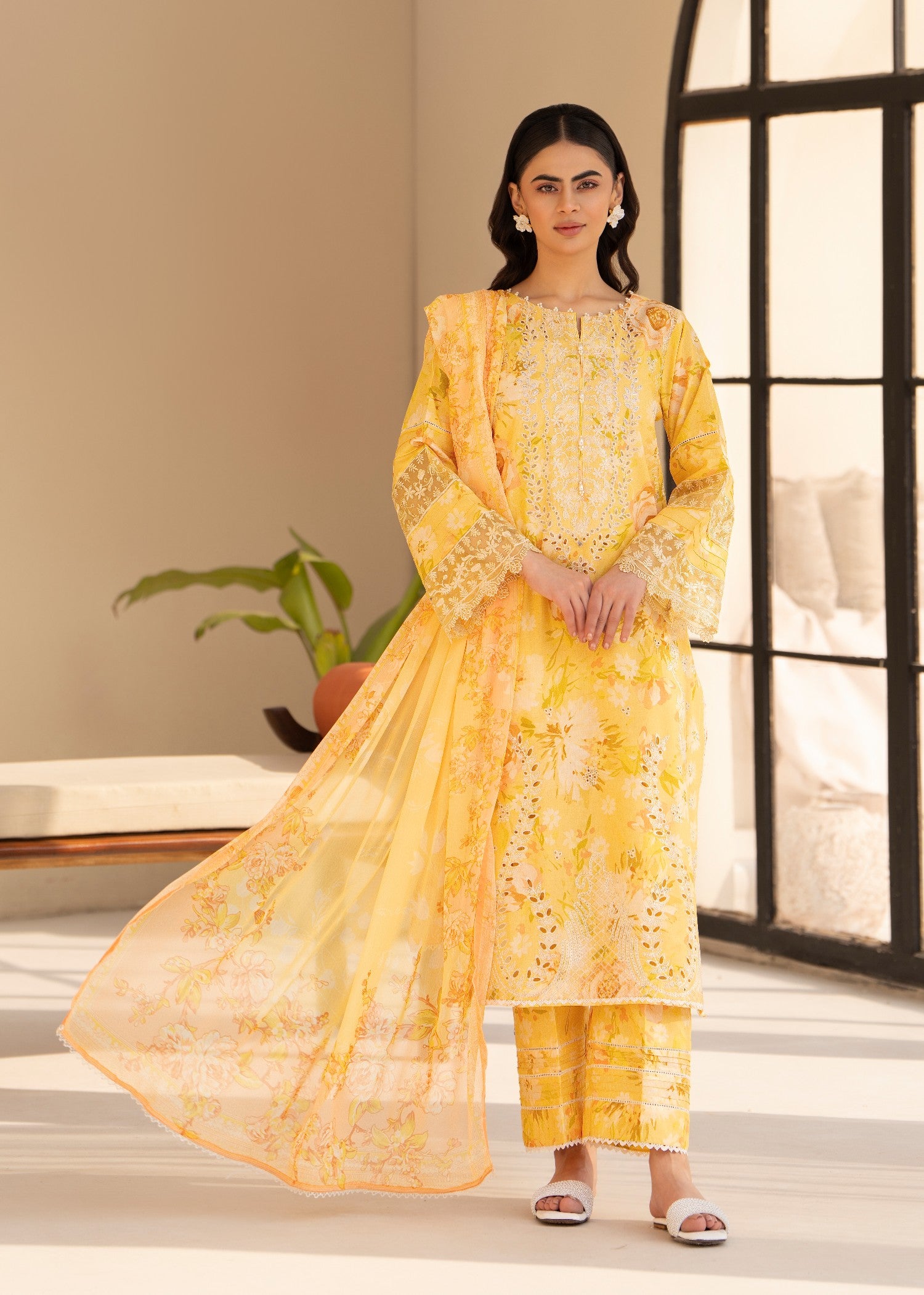 cambric Kurta Set in Pale yellow