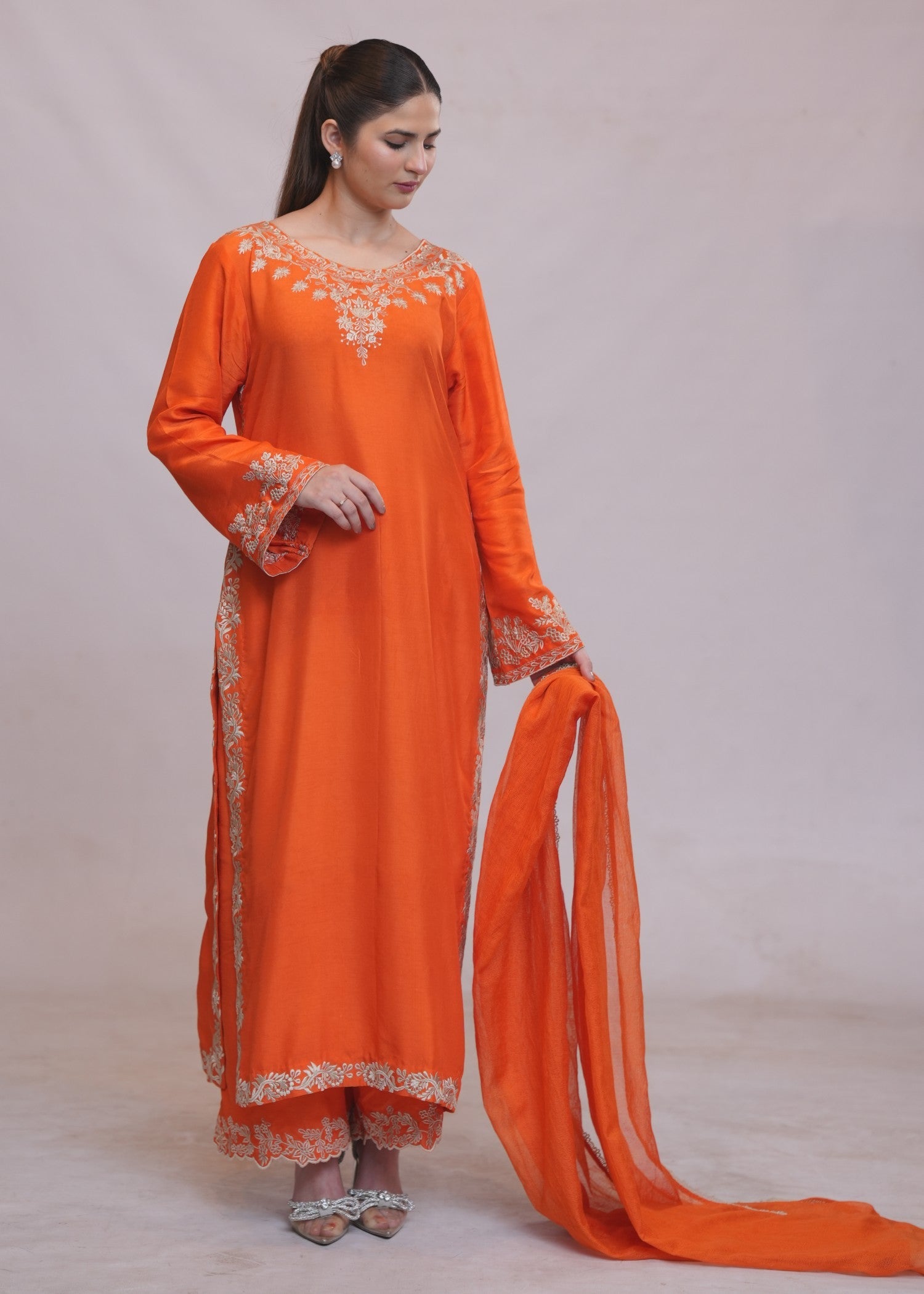 raw silk Kurta Set in Sunset orange