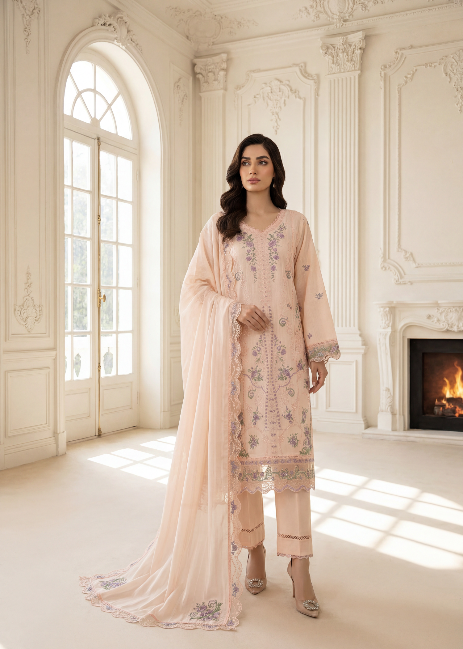 slub lawn Kurta Set in Peach orange