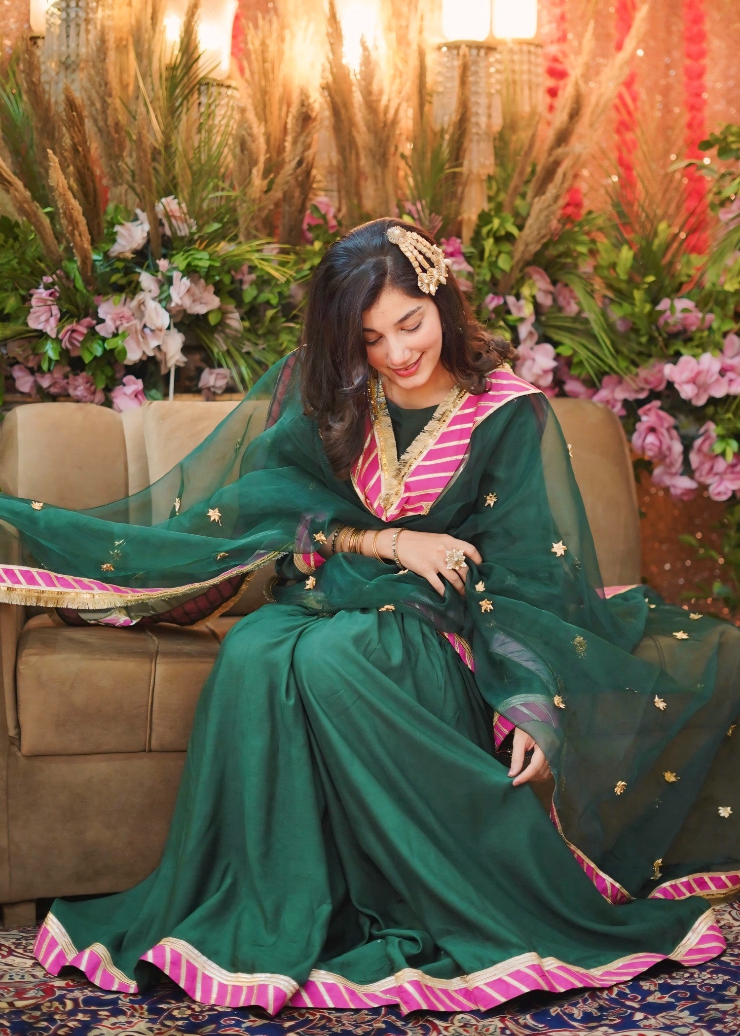 georgette silk Gharara in Bottle green