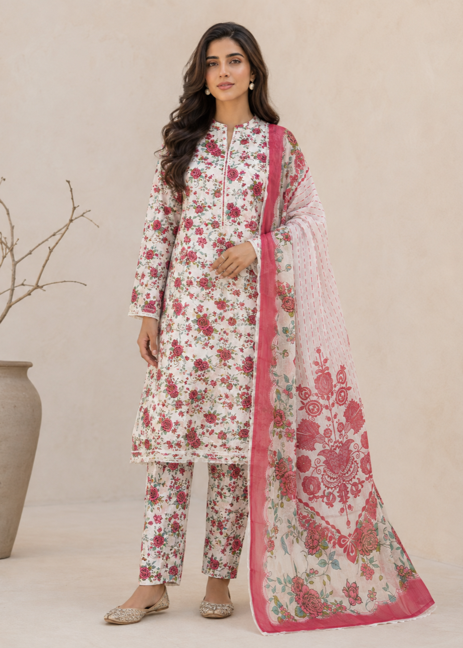 swiss lawn Unstitched in Off-white, strawberry pink