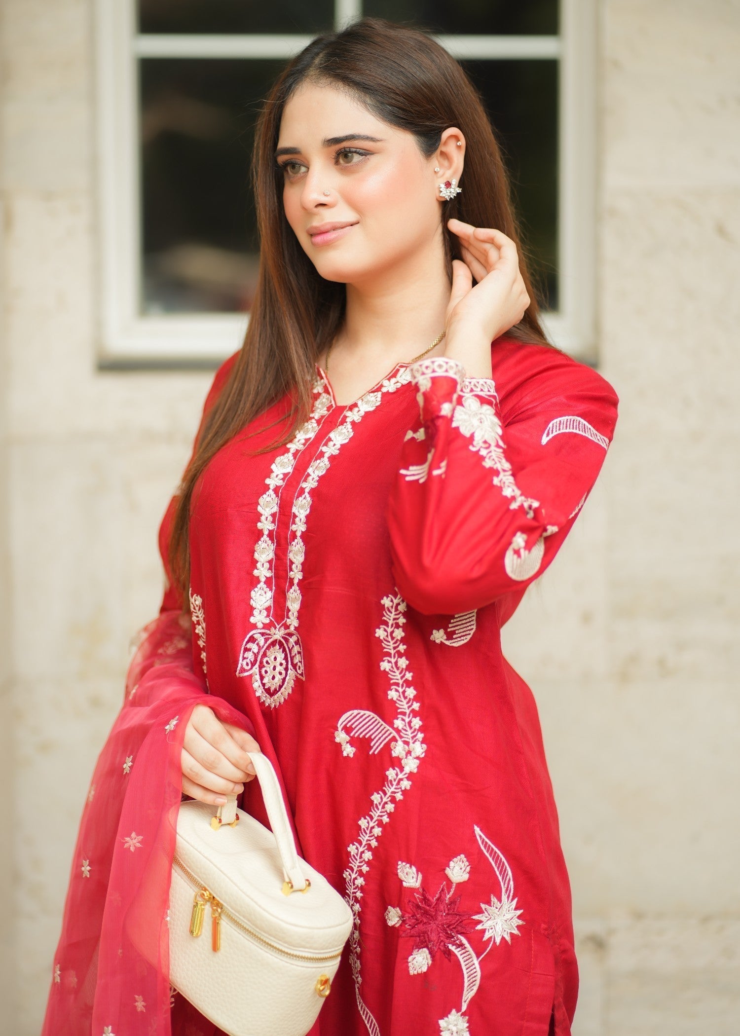linen Kurta Set in Red