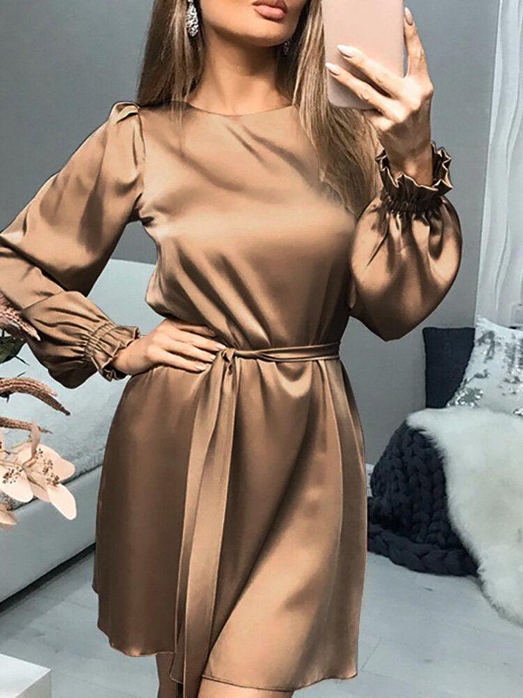 Women  Satin Solid Puff Sleeve Knee Length Midi Dresses