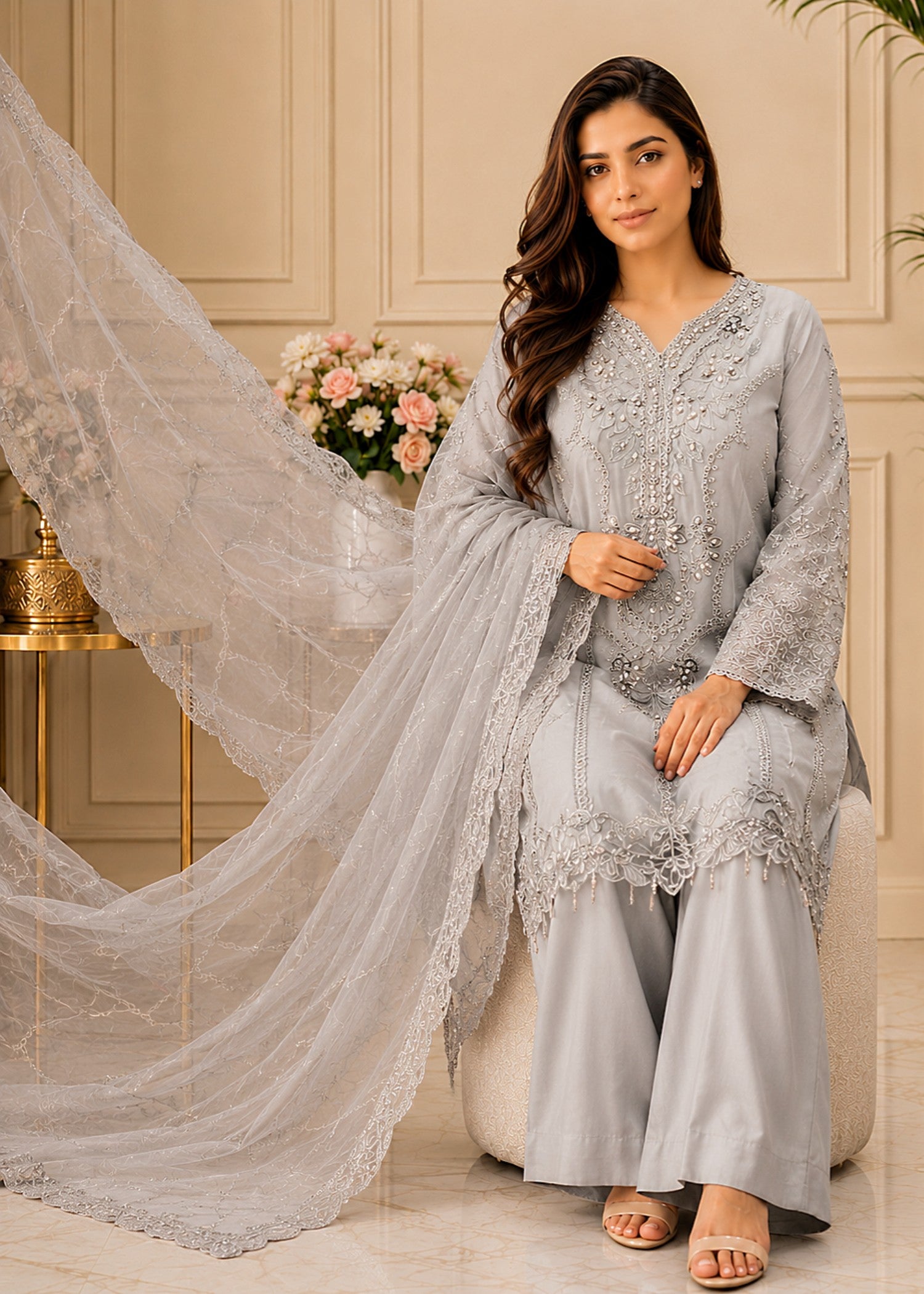 chiffon Kurta Set in Steal grey