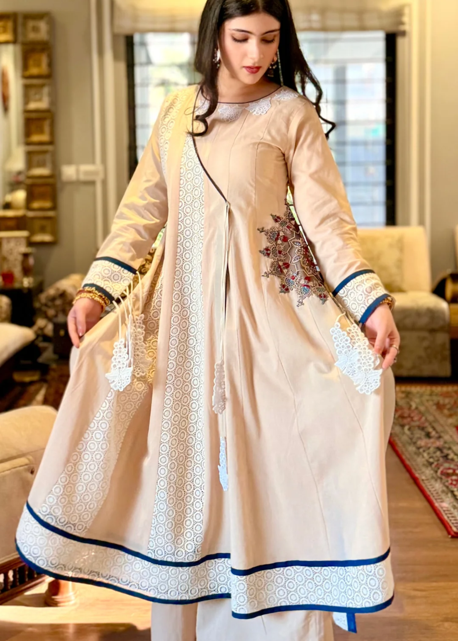 lawn cotton Kurta Set in Beige