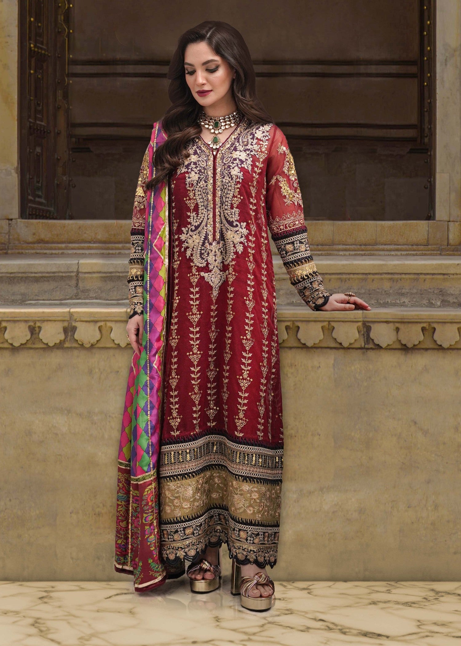 poly karandi Kurta Set in Red