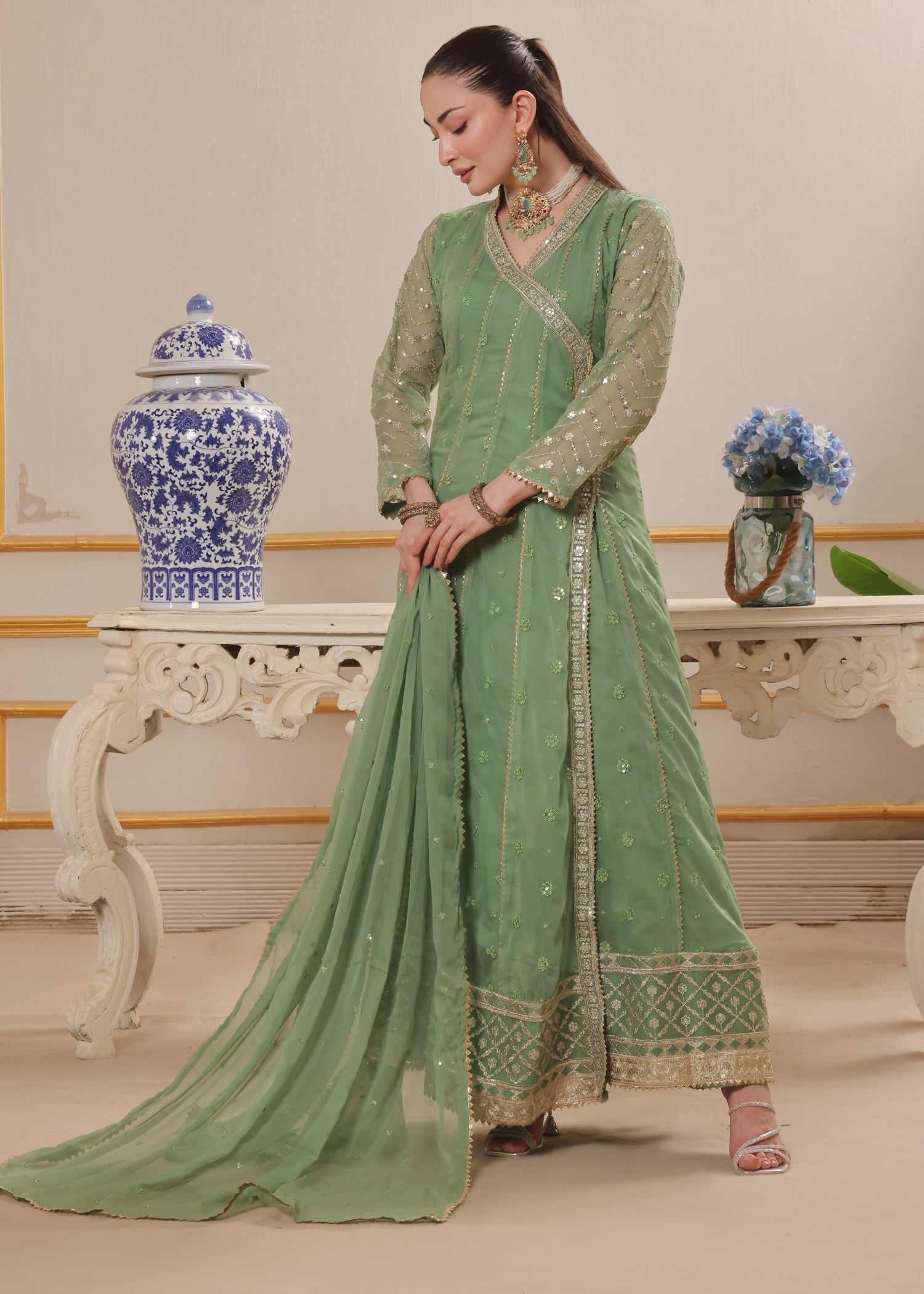 chiffon Angrakha in Pastel green
