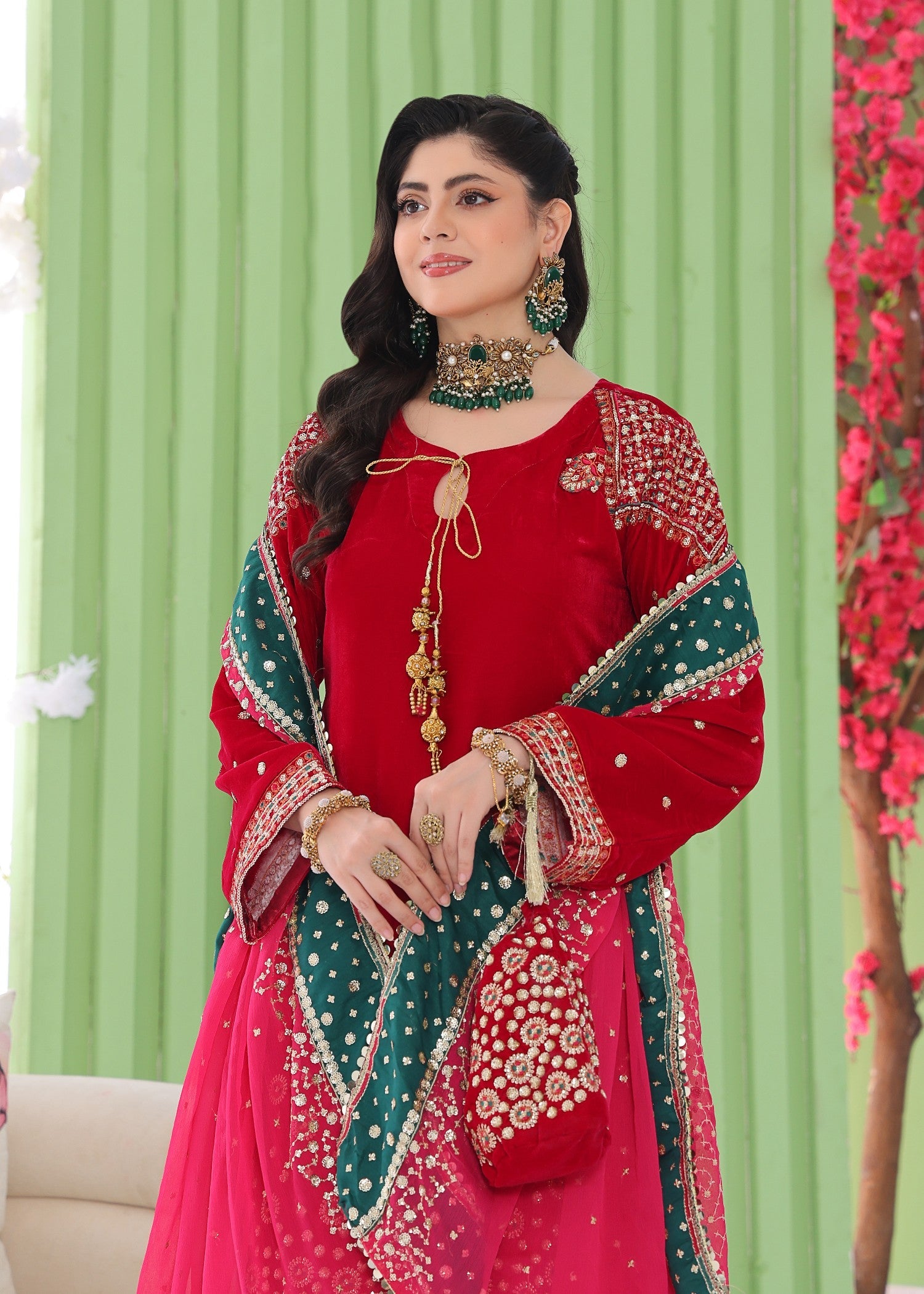 velvet Kurta Set in Fire red