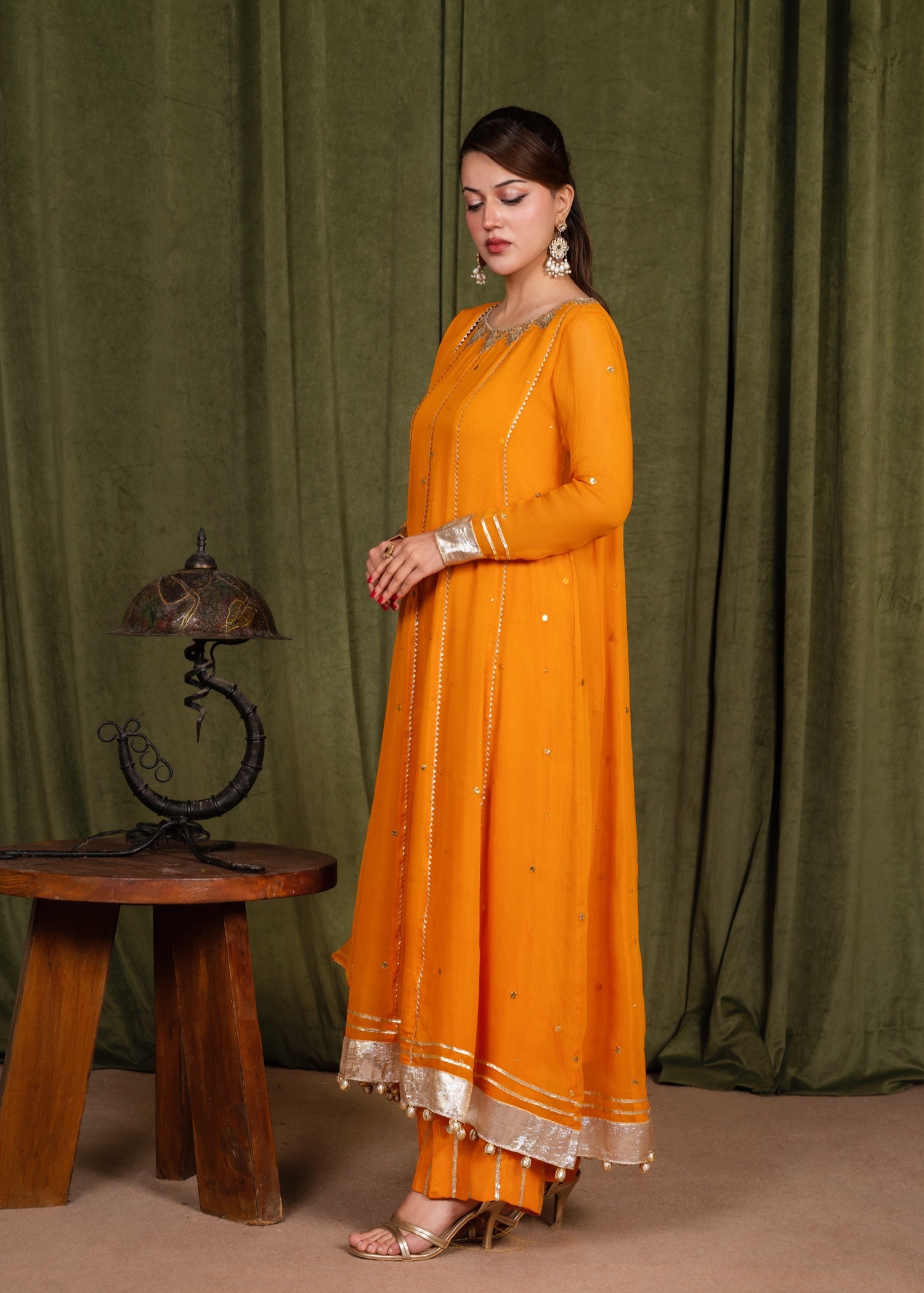 crinkle chiffon Anarkali in Goldfish orange