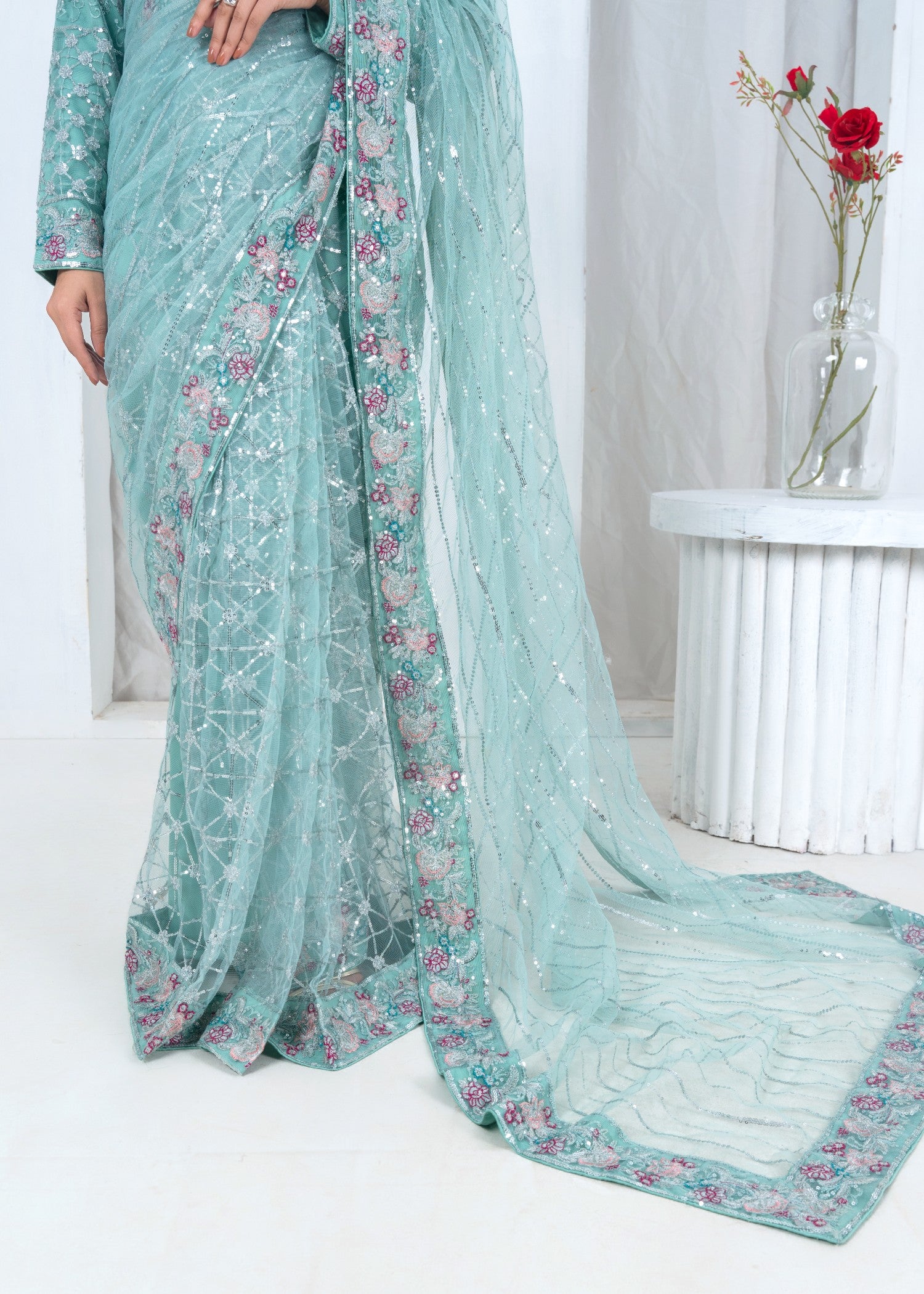 net Saree in Teal