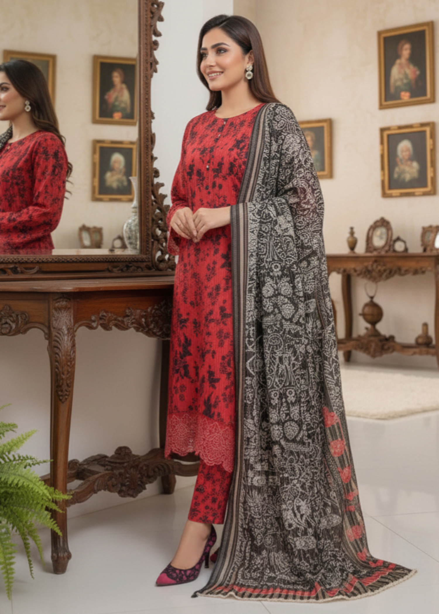 lawn Kurta Set in Spicy red