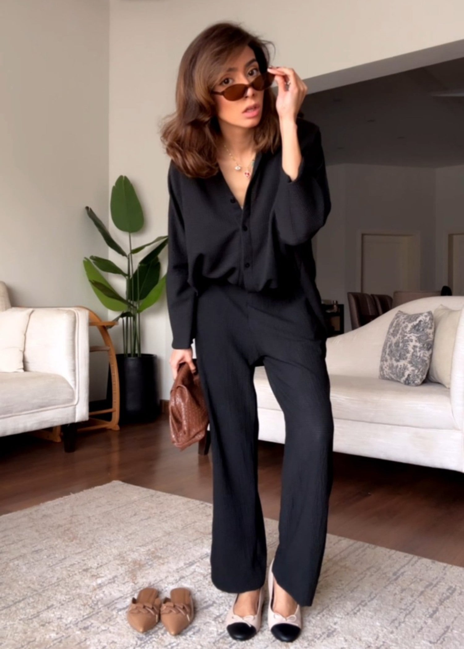 melange jersey knit Co Ord Sets in Black