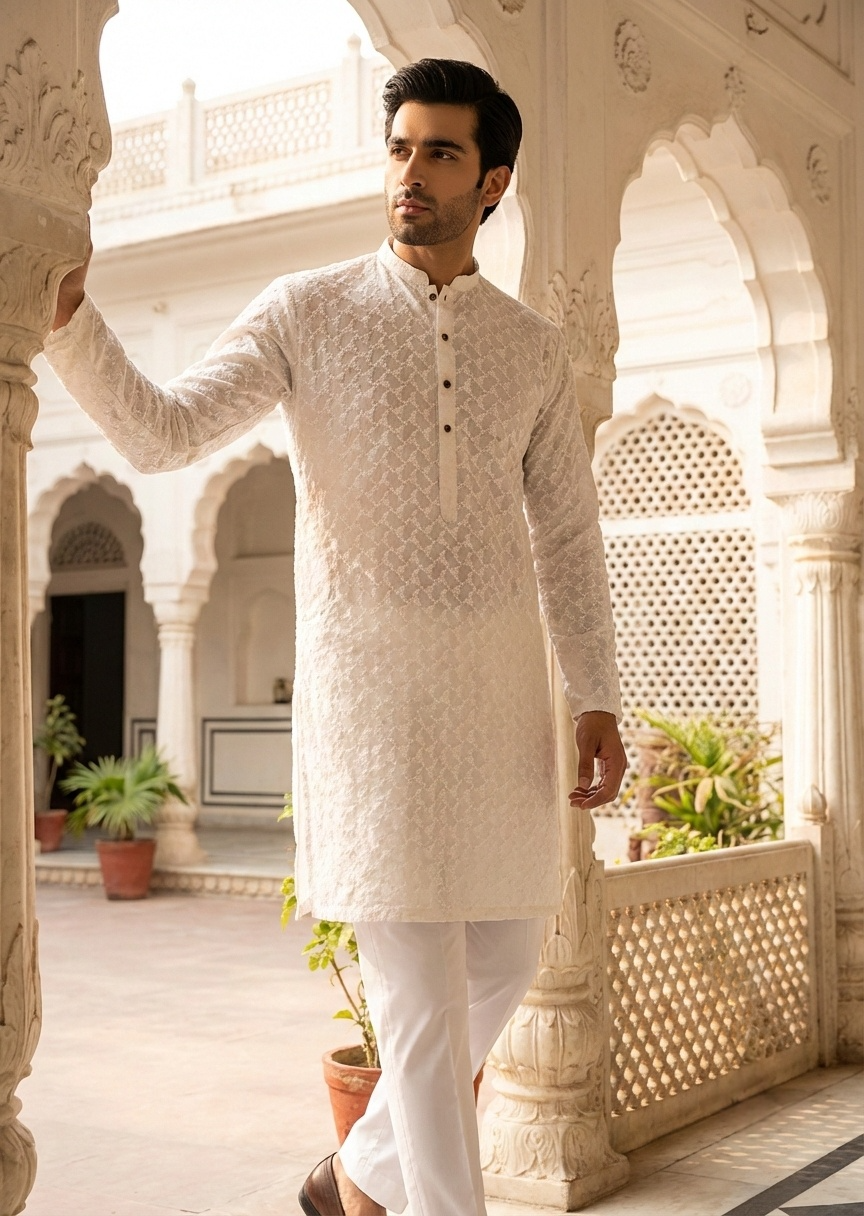 chikankari cotton Kurta in White