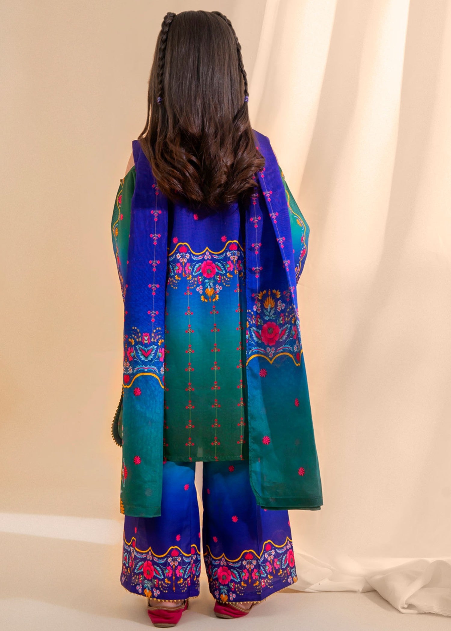 poly lawn Kurta Set in Blue, green