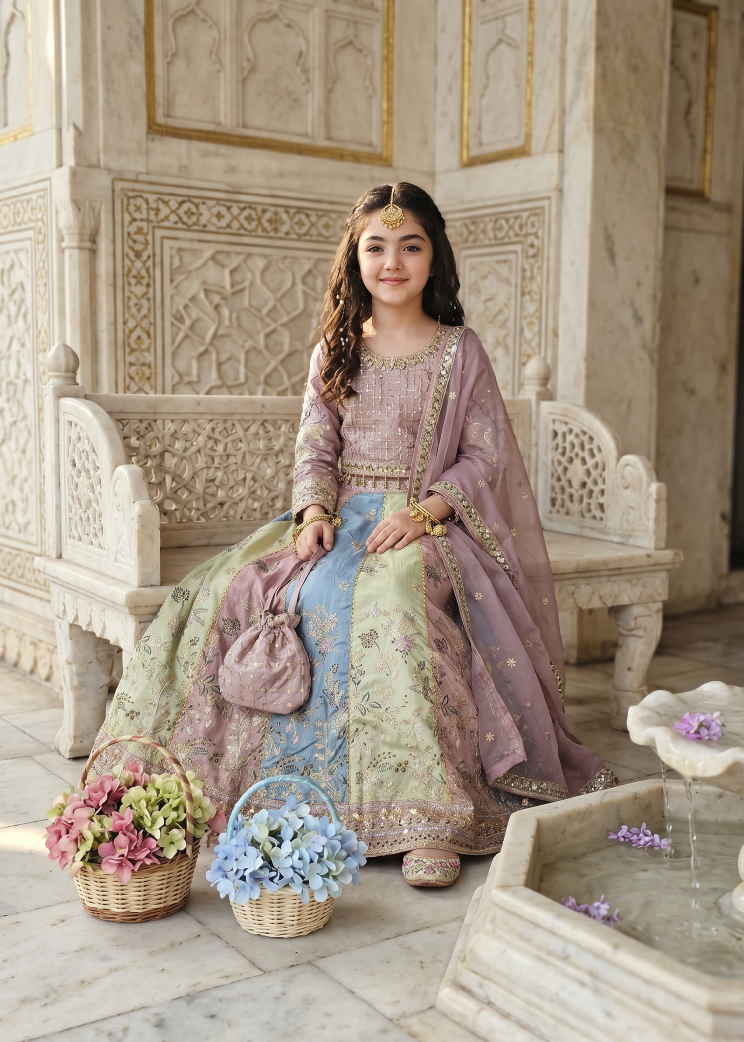 raw silk Lehenga in Mauve pink, multi