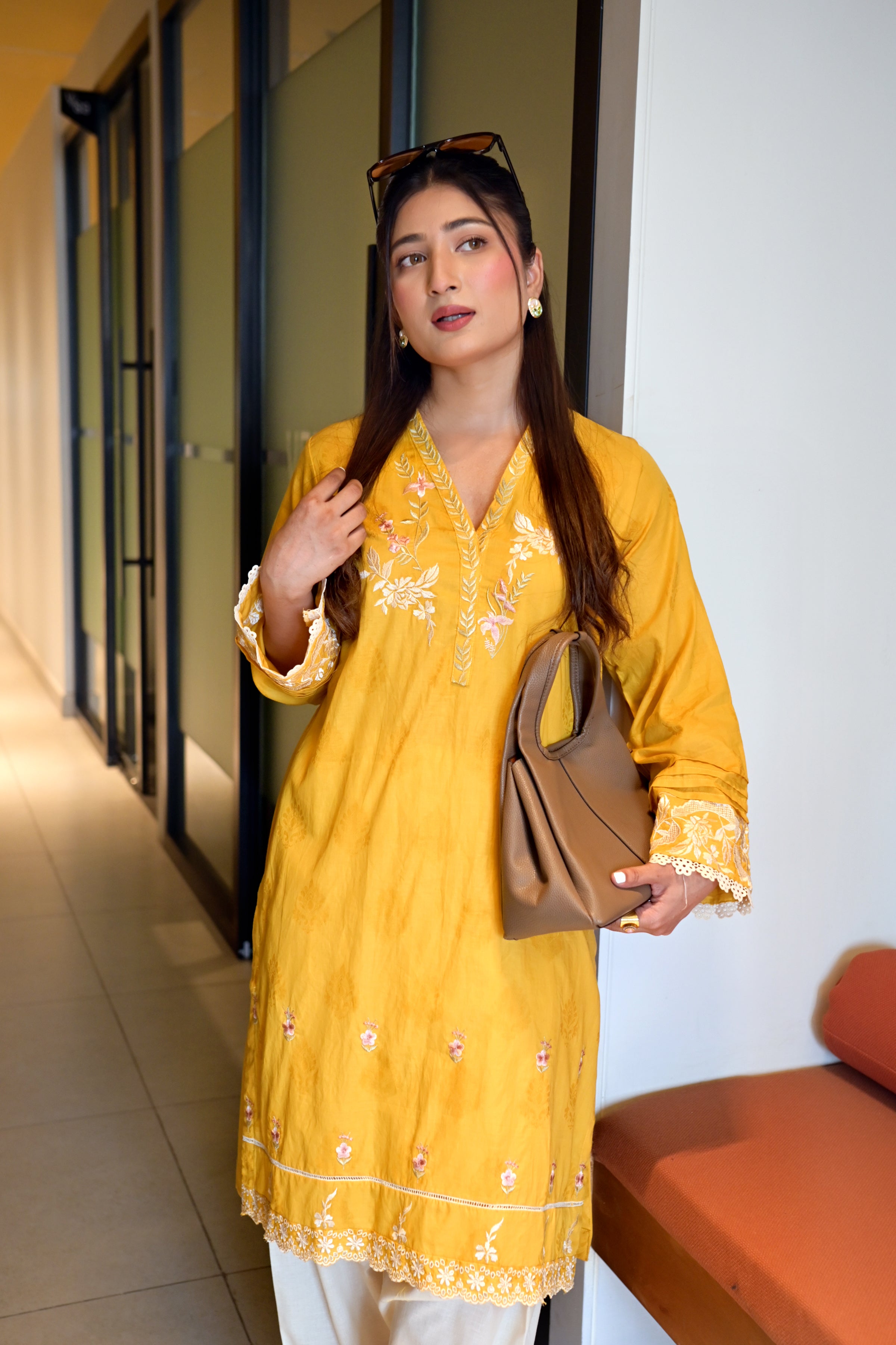 jacquard Kurti in Mellow yellow