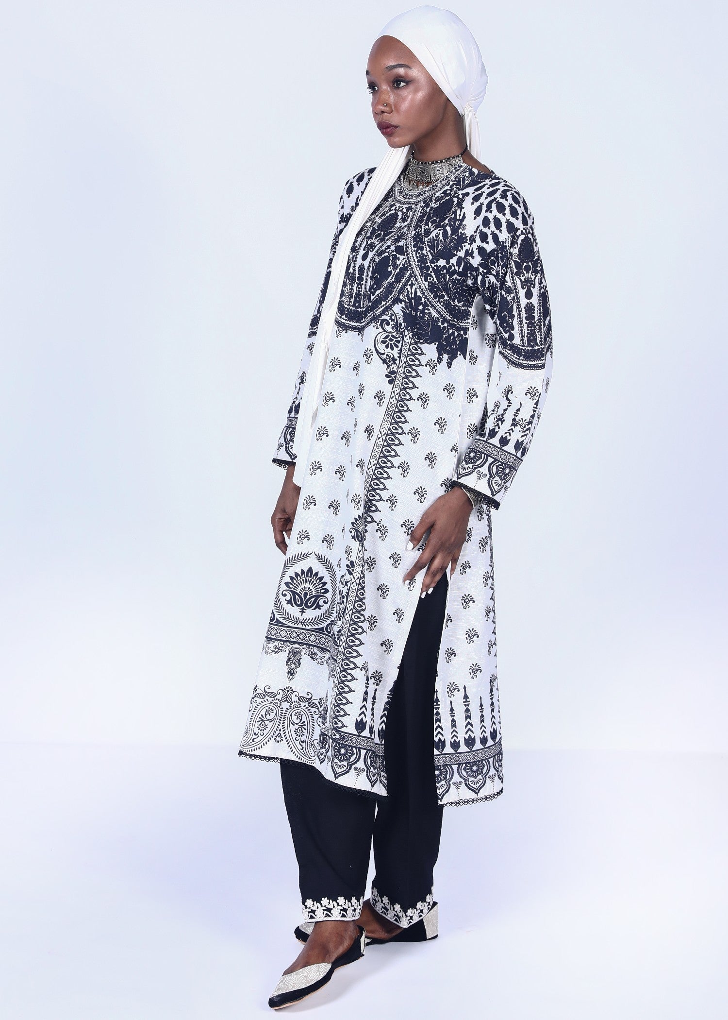 khaddar Kurti in White, black