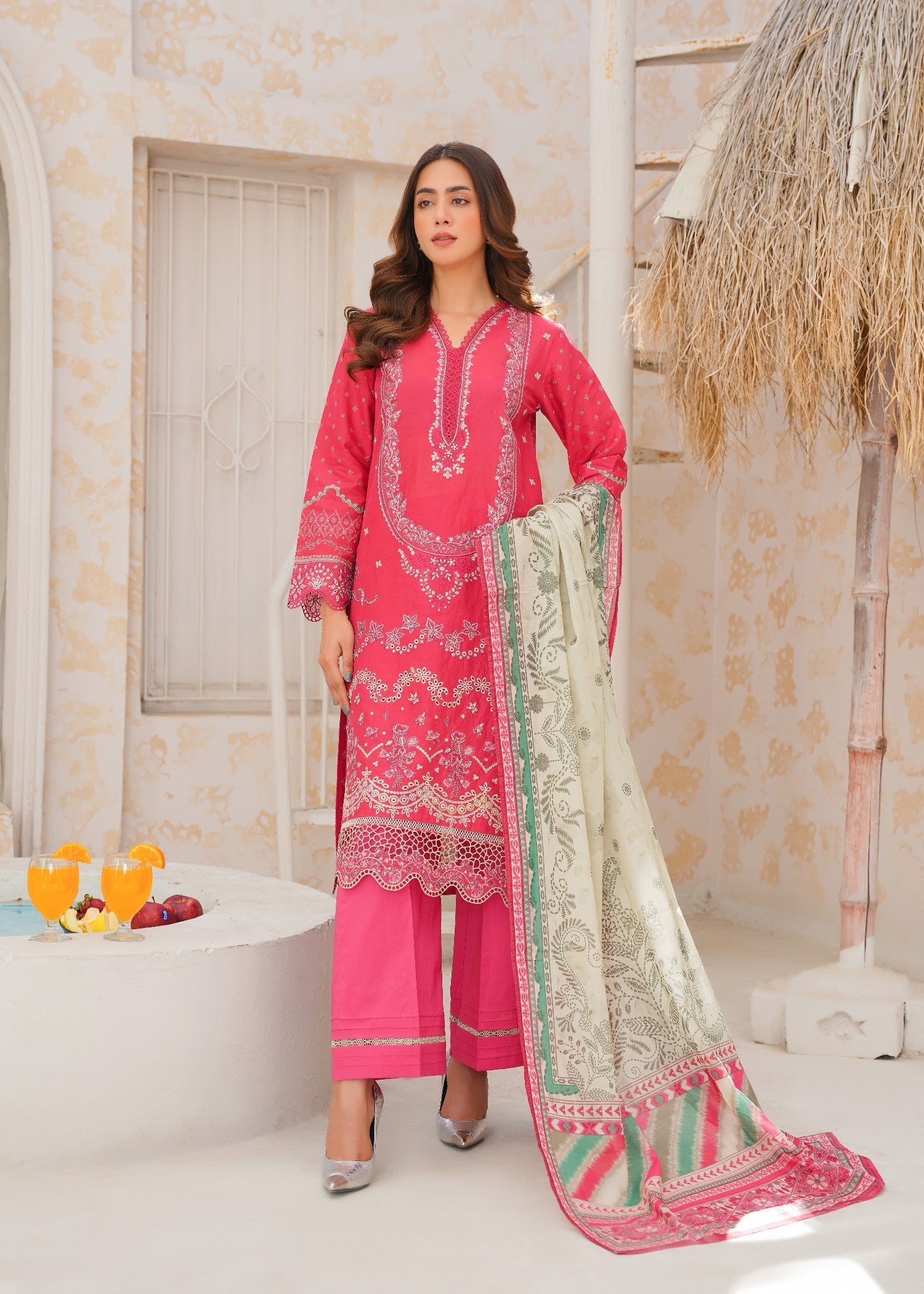 lawn Kurta Set in Raspberry pink
