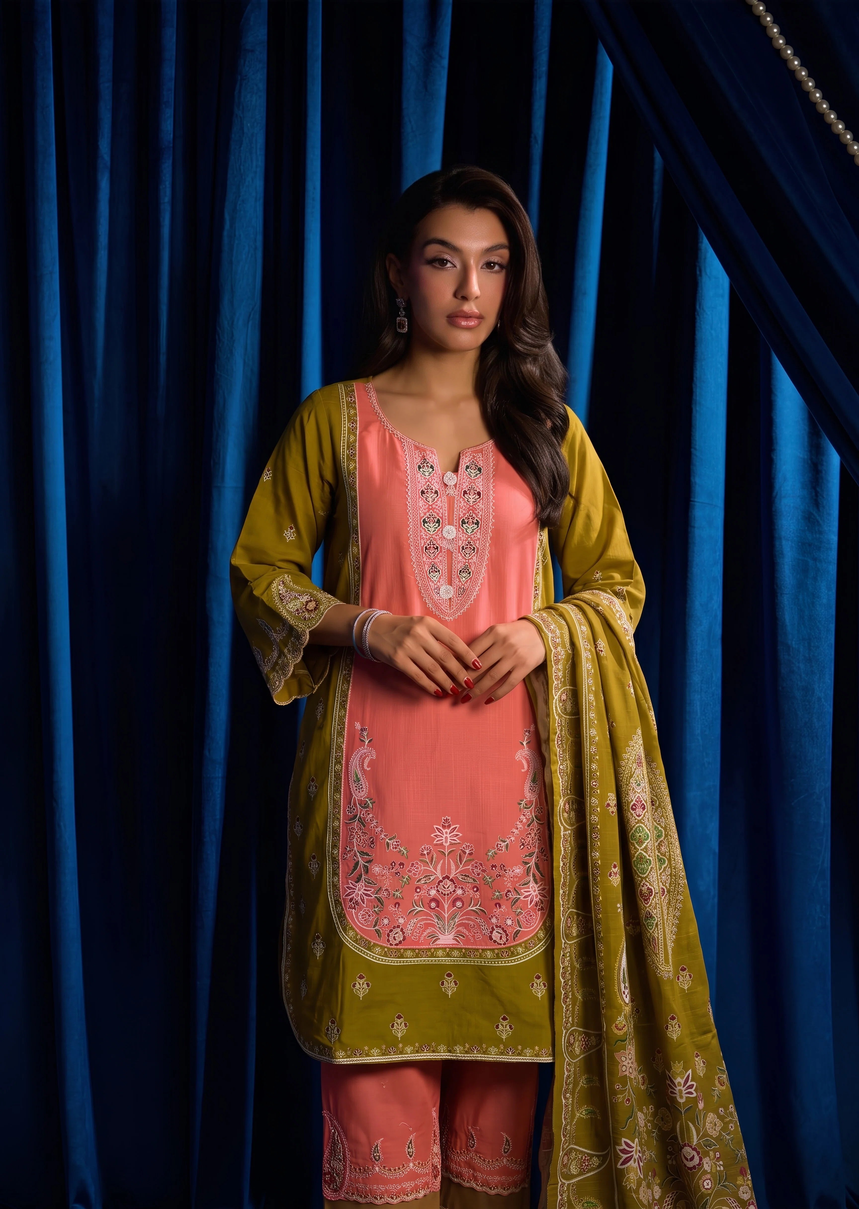 cotton linen Kurta Set in Saffron, taffy pink