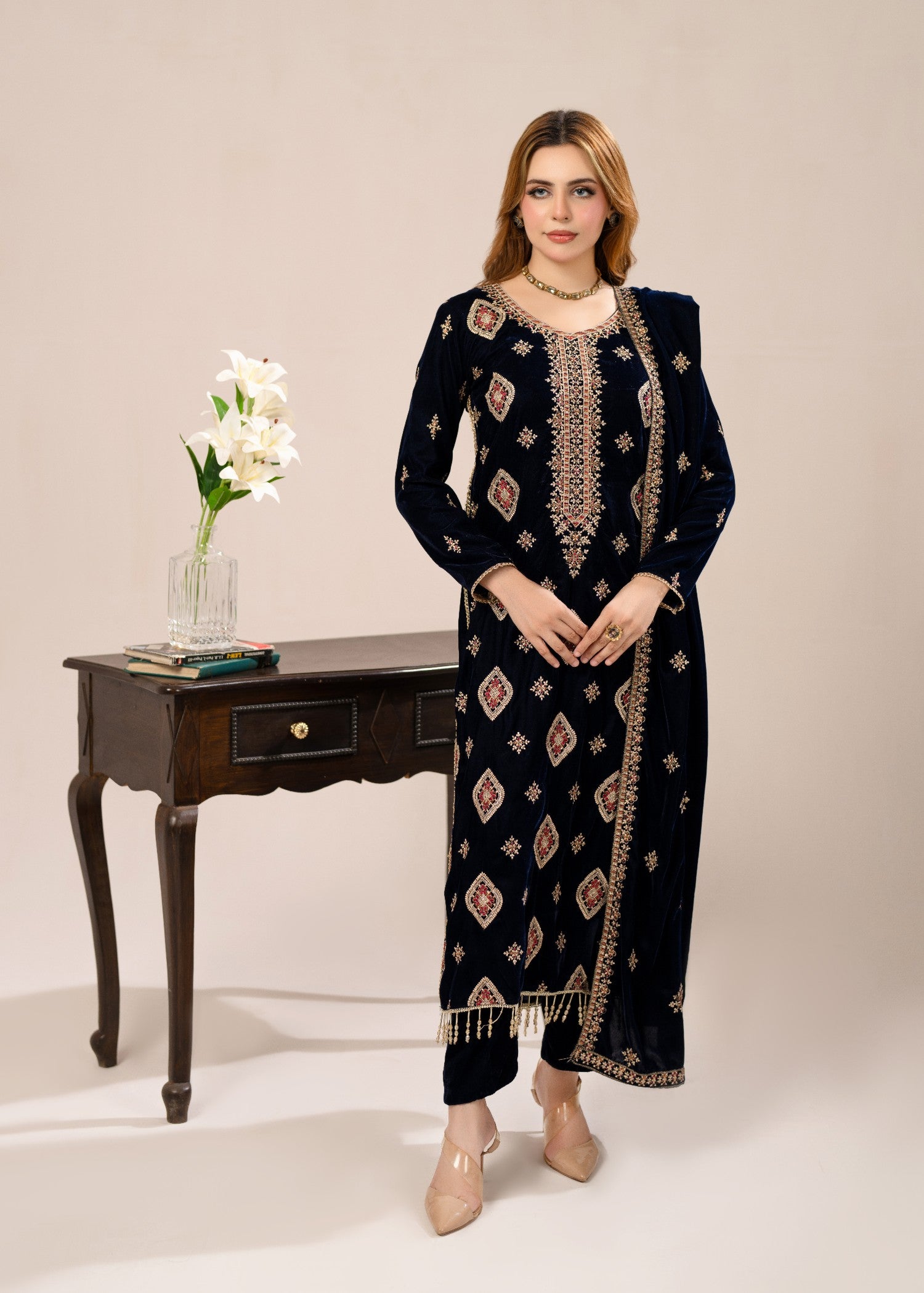 chinese micro velvet 9000 Unstitched in Navy blue