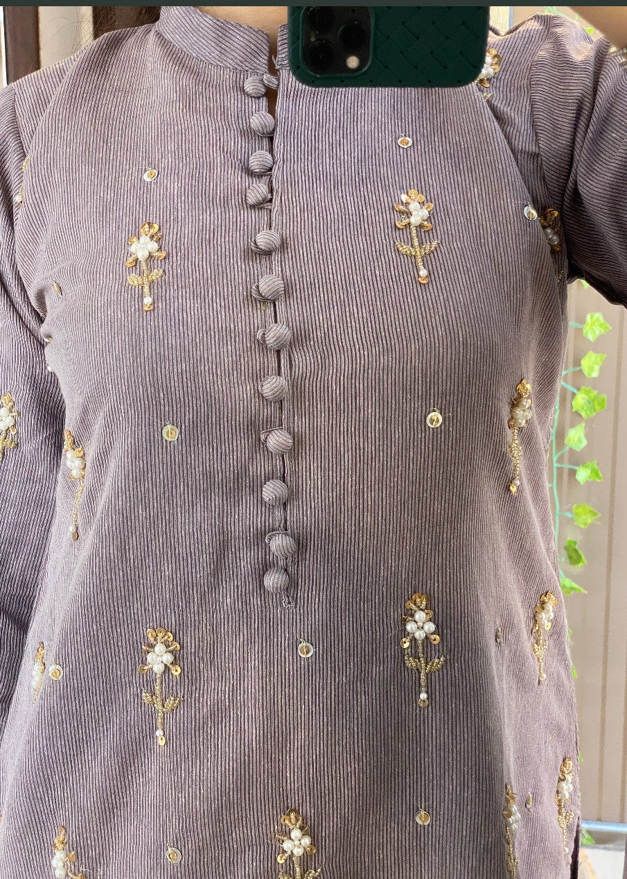 cotton karandi Kurta Set in Pastel grey