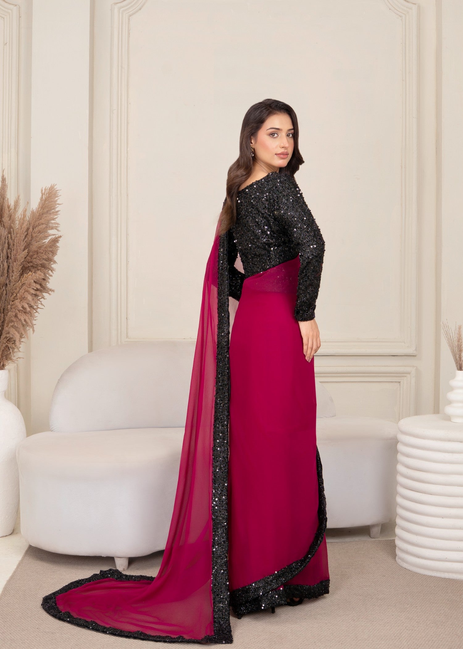 bemberg crinkle chiffon Saree in Magenta