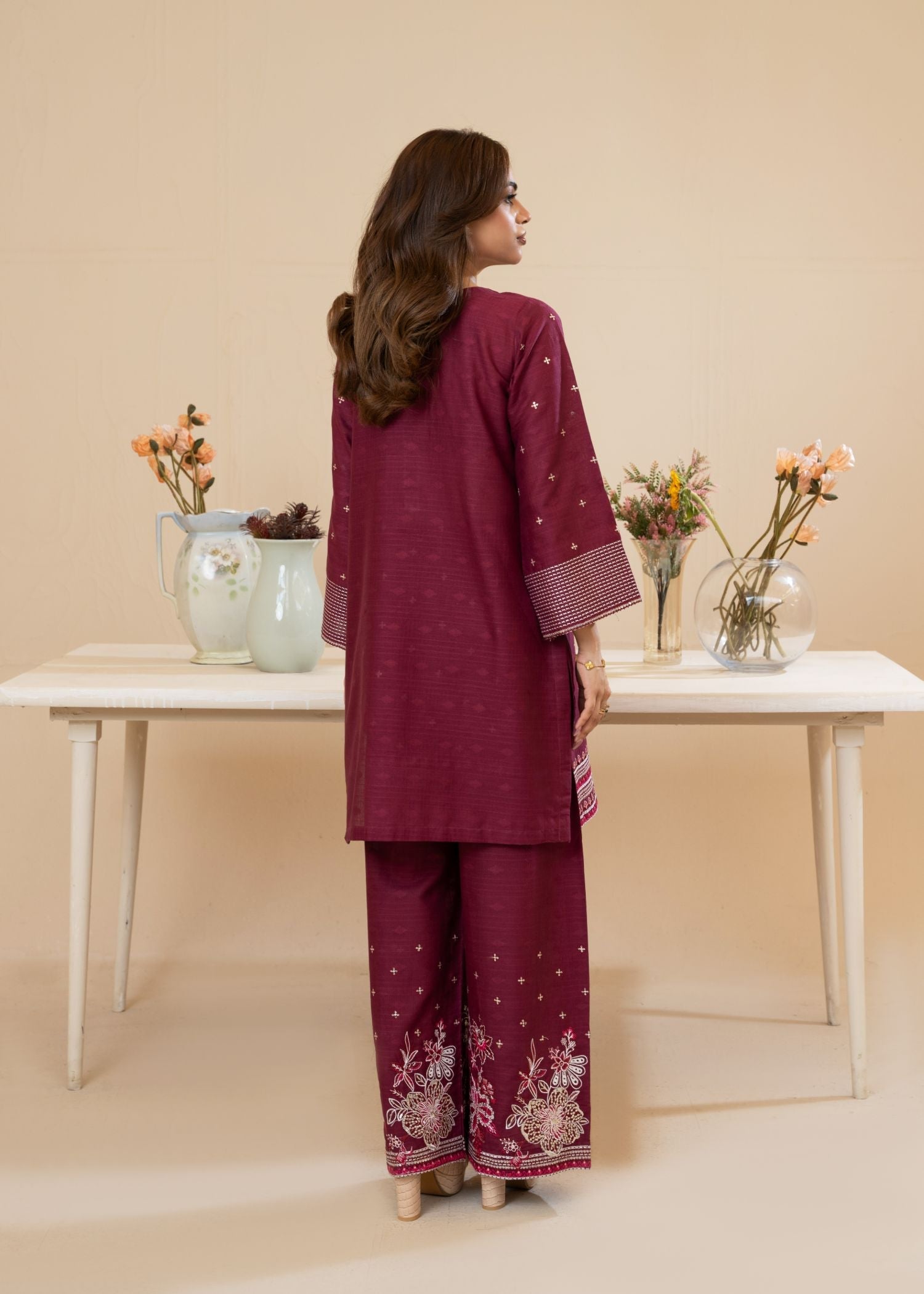 cotton jacquard Kurta Set in Wine