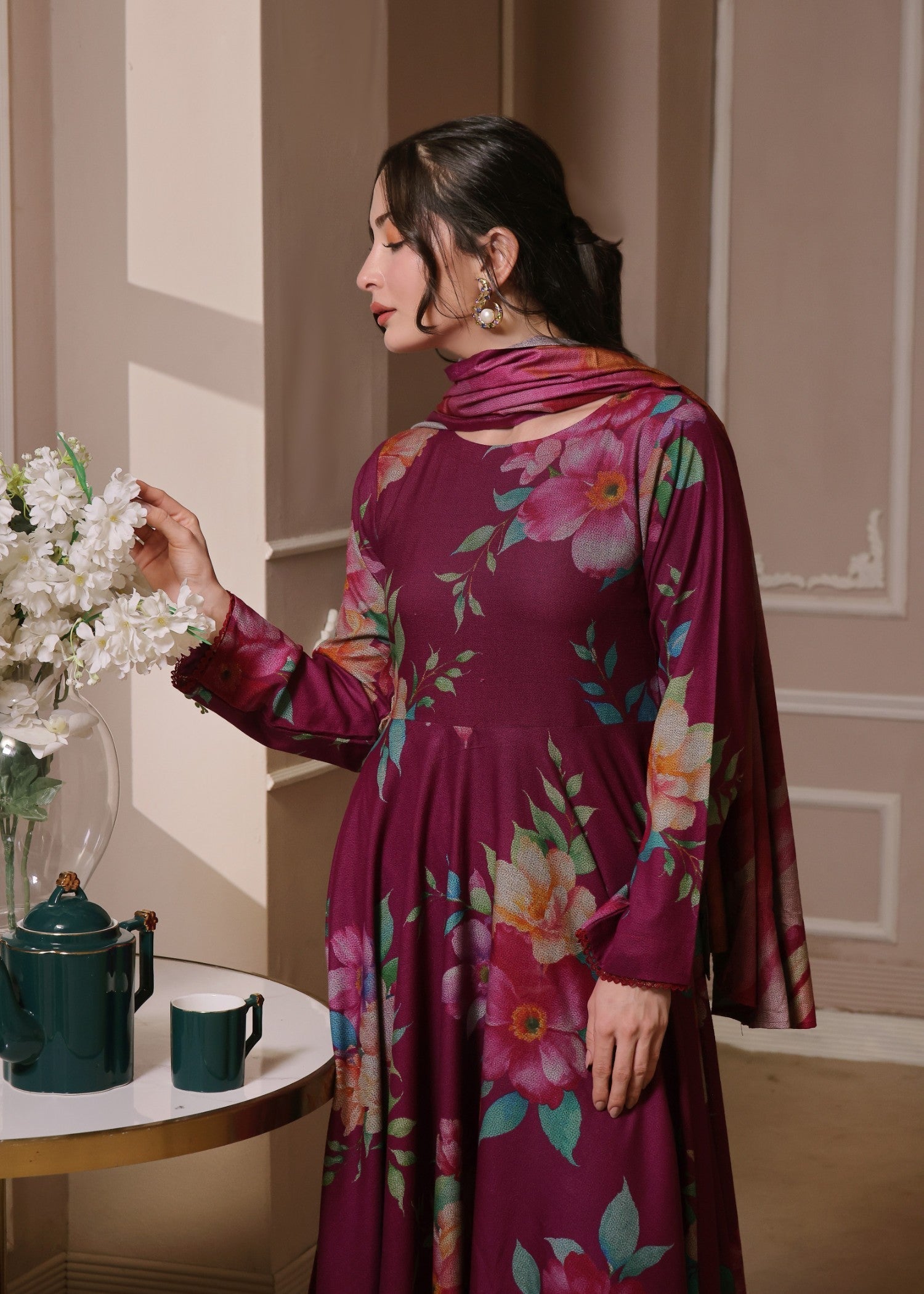 twill khaddar Unstitched in Burgundy