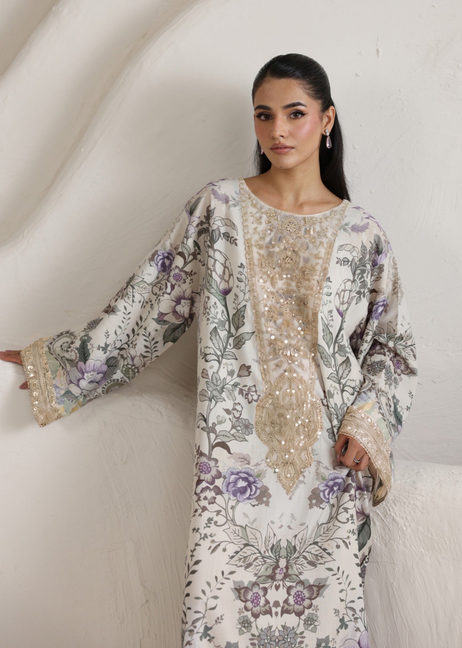 raw silk Kaftan in White