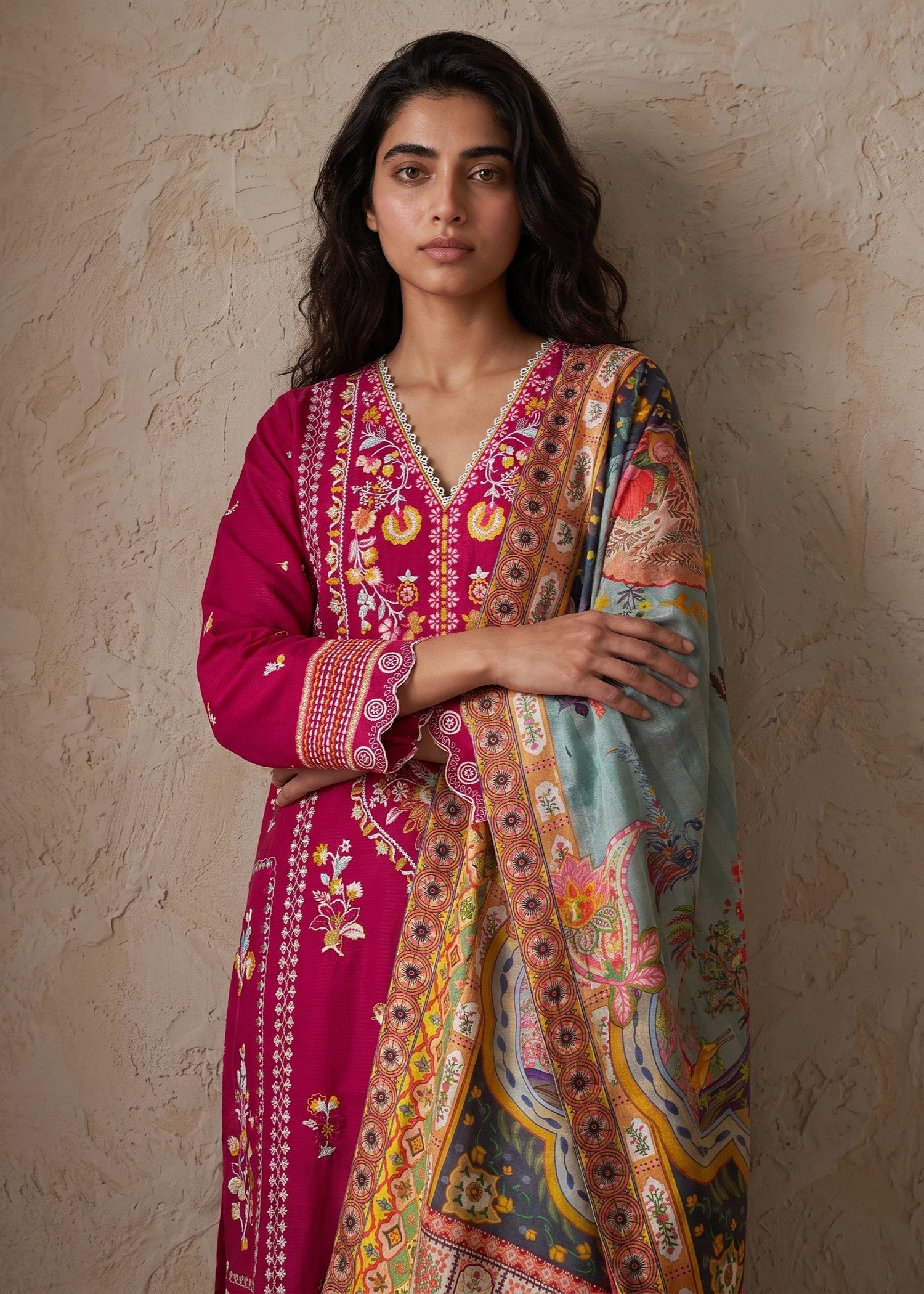 cotton Kurta Set in Mint green, hot pink