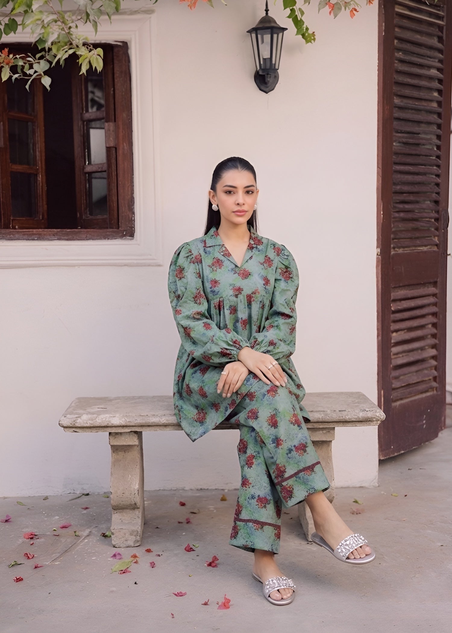 dhanak Short Frock in Sage green