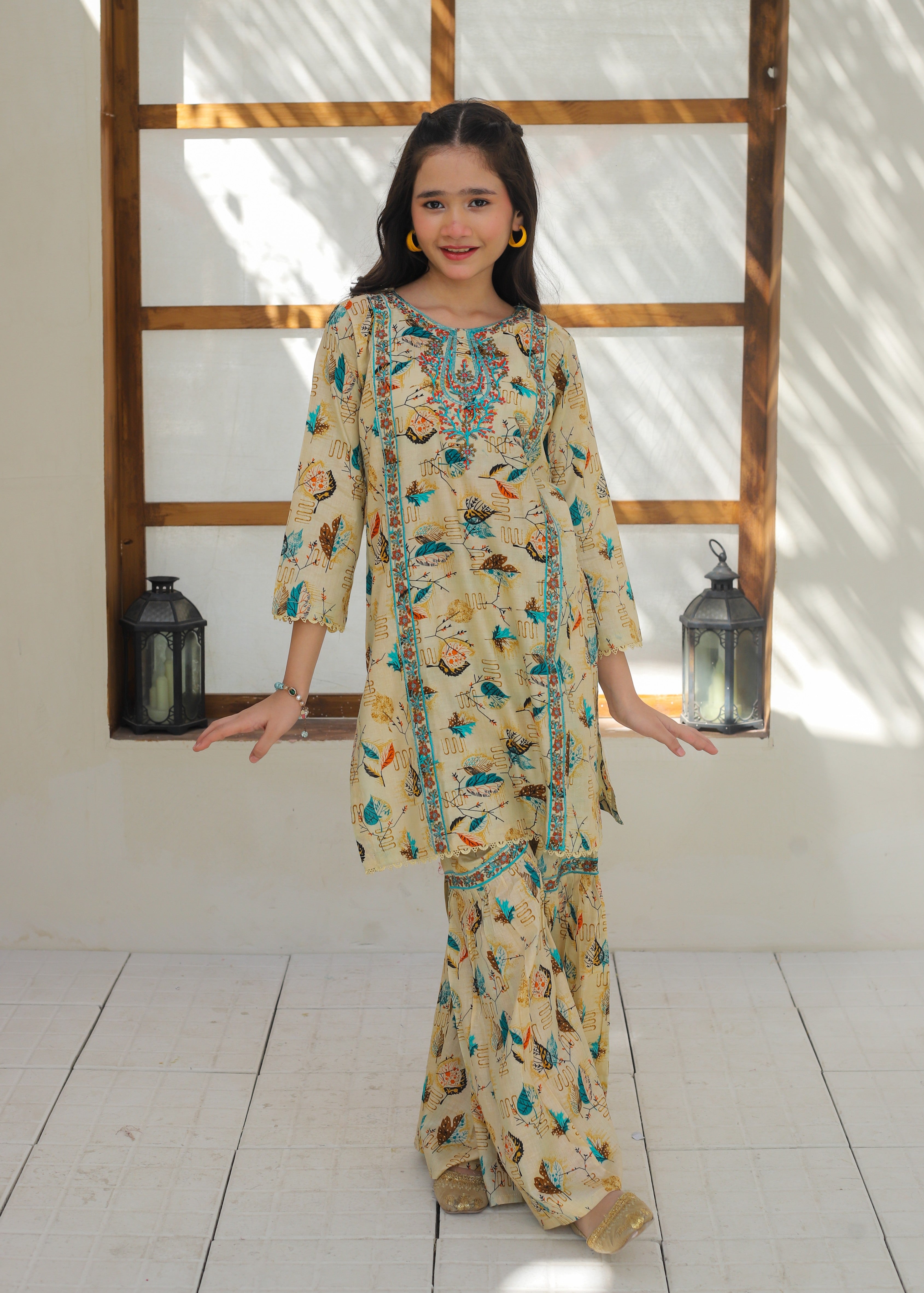 lawn Gharara in Beige