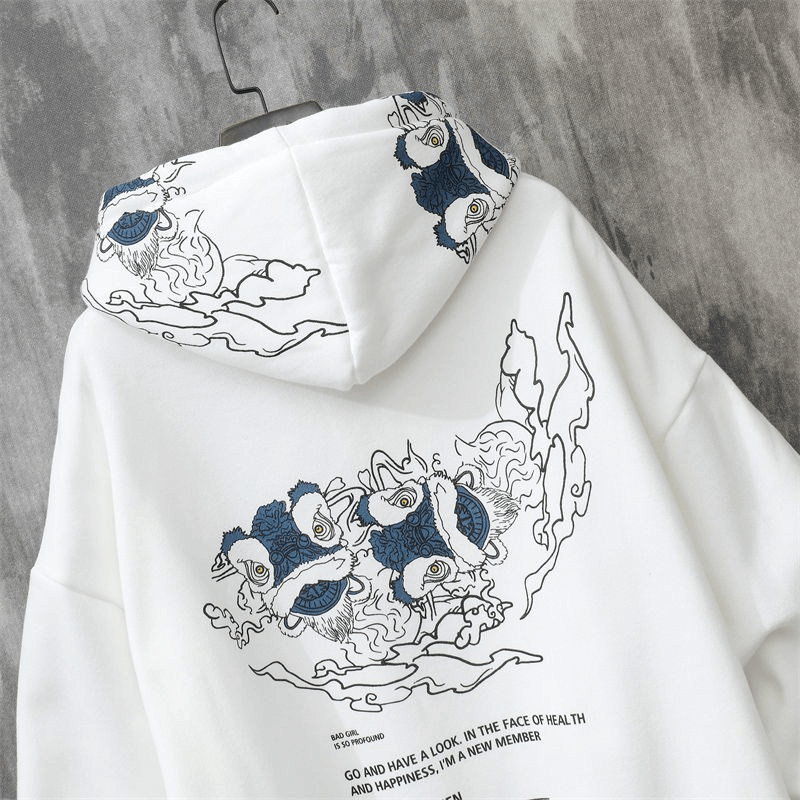 Trendy Brand Chinese Style Lion Dance Print Hooded Sweater Men