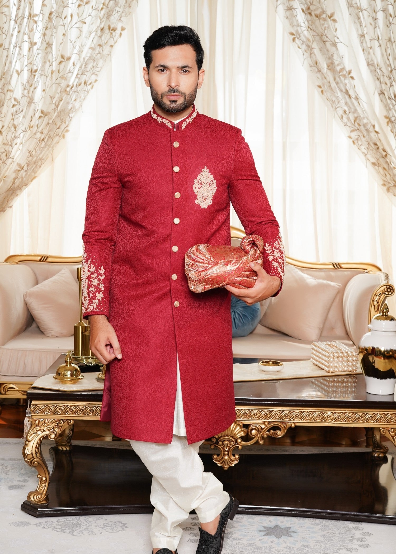 jamawar Sherwani in Maroon