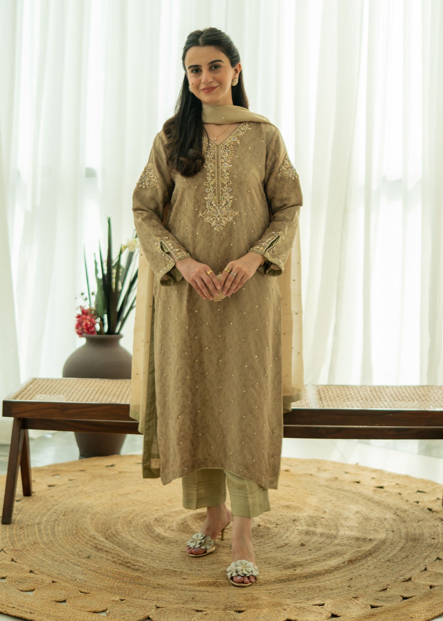 silk Kurta Set in Camel brown