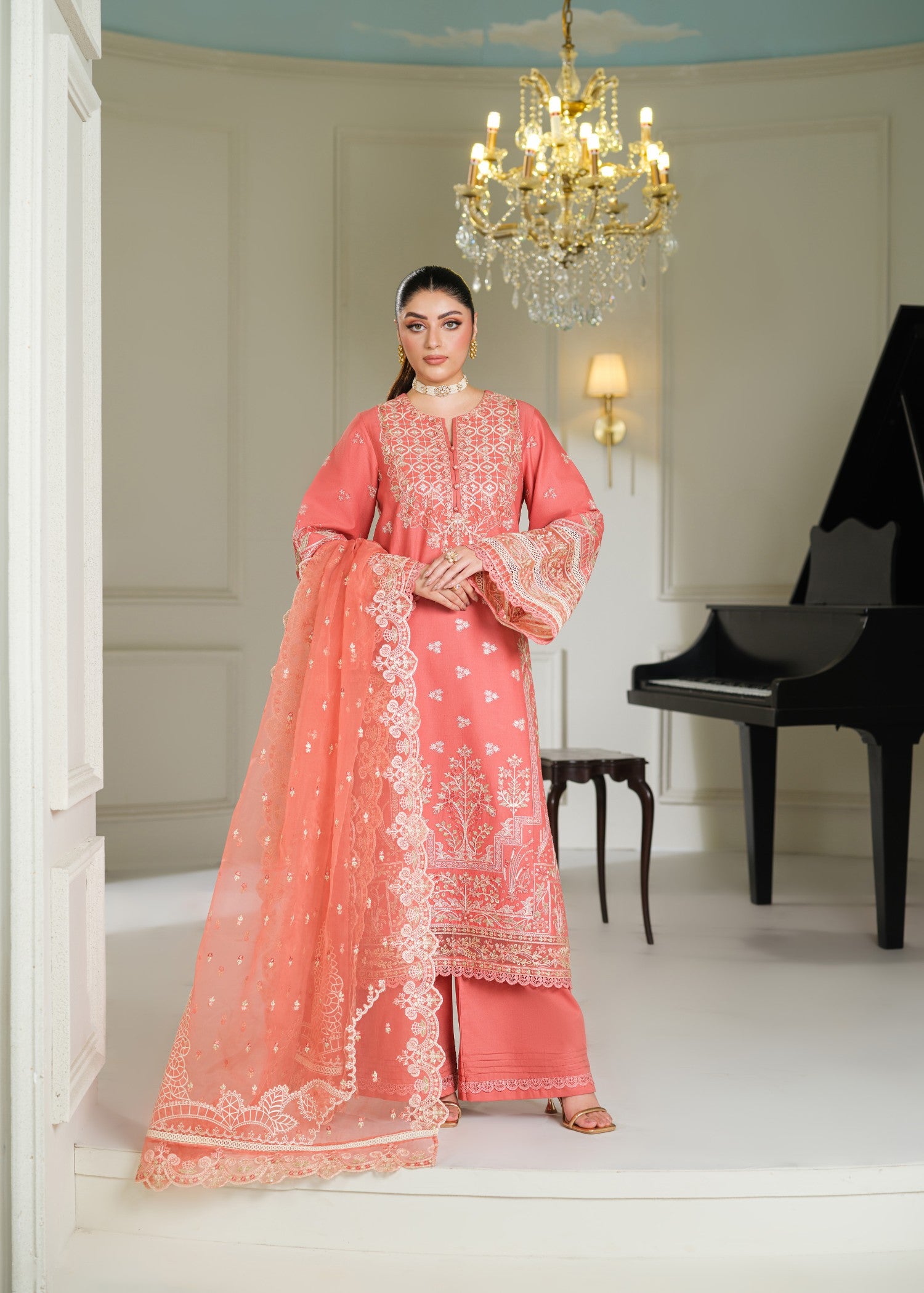 cambric cotton Kurta Set in Orange