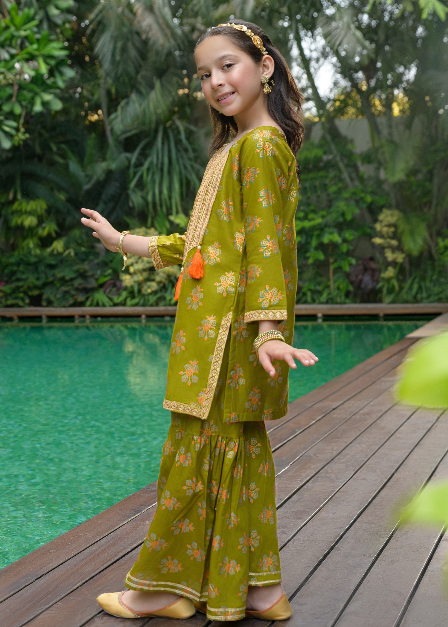 lawn Gharara in Olive green