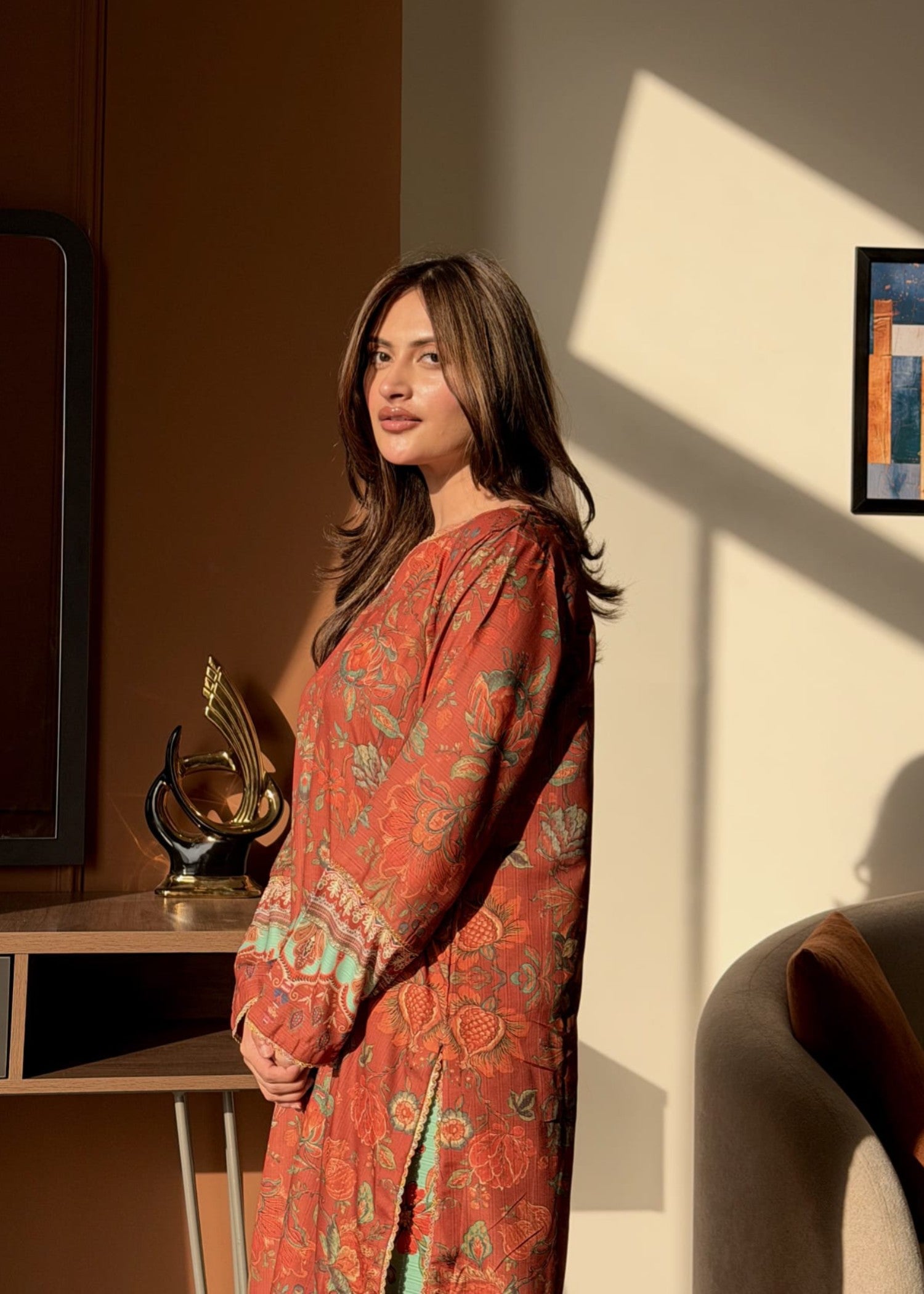 dobby Kurta Set in Coral red