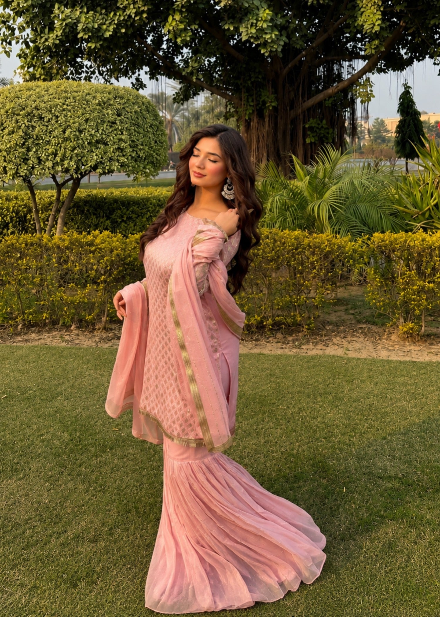 bemberg crinkle chiffon Gharara in Pastel pink