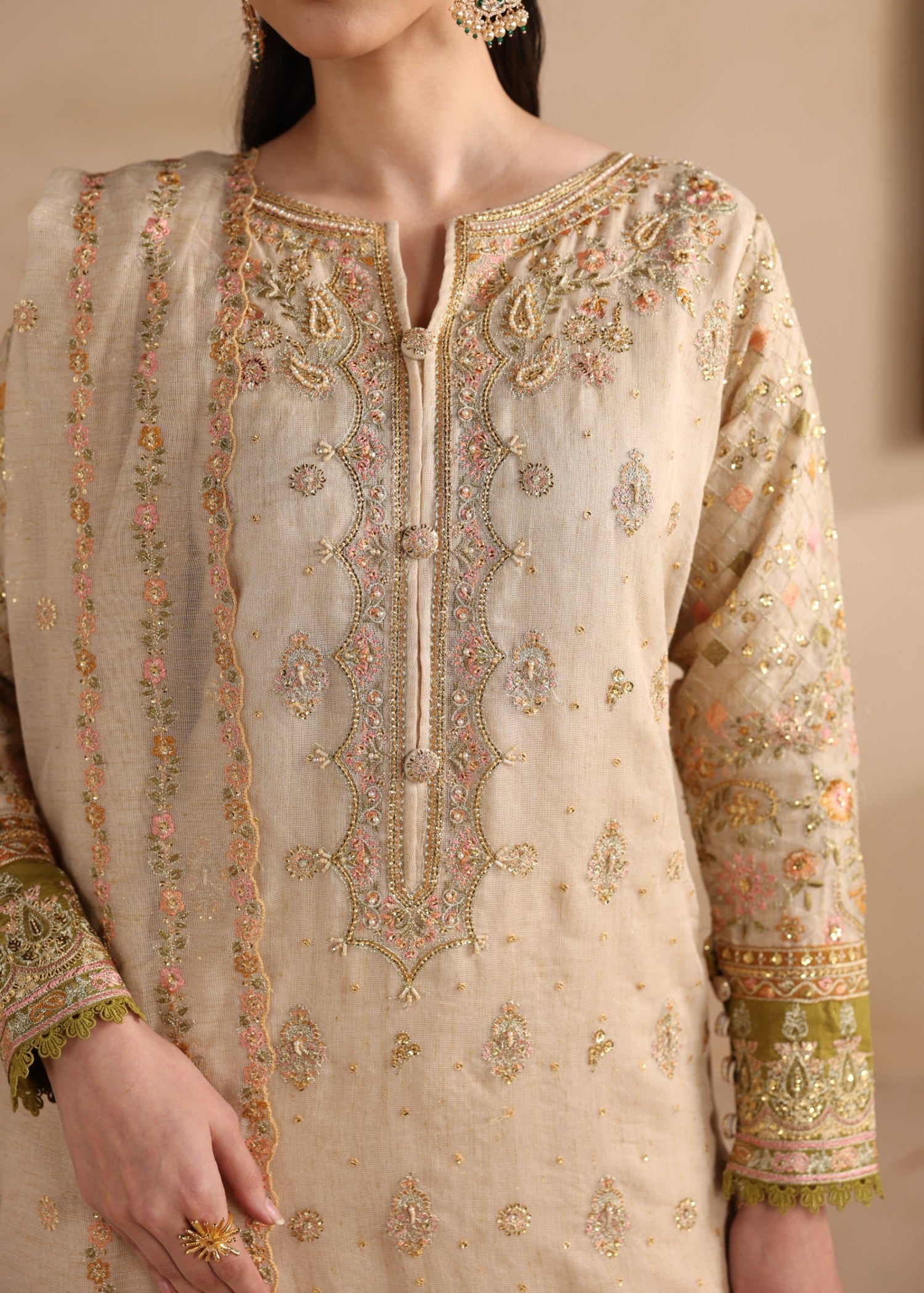khaddi net Kurta Set in Beige