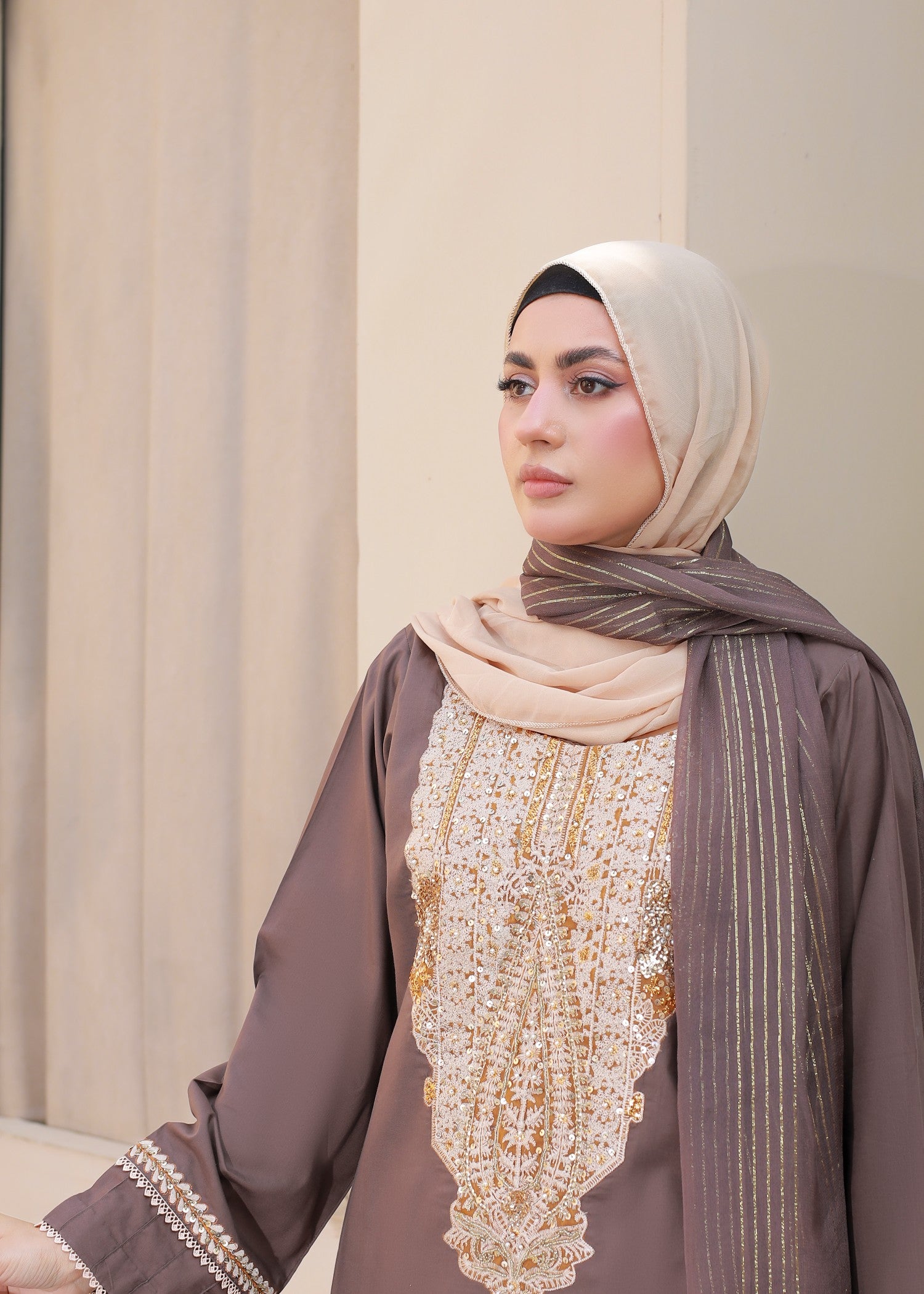 lawn cotton Kurta Set in Mocha brown