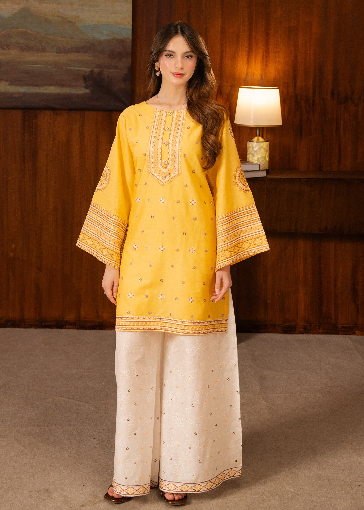 lawn Kurta Set in Yellow, white