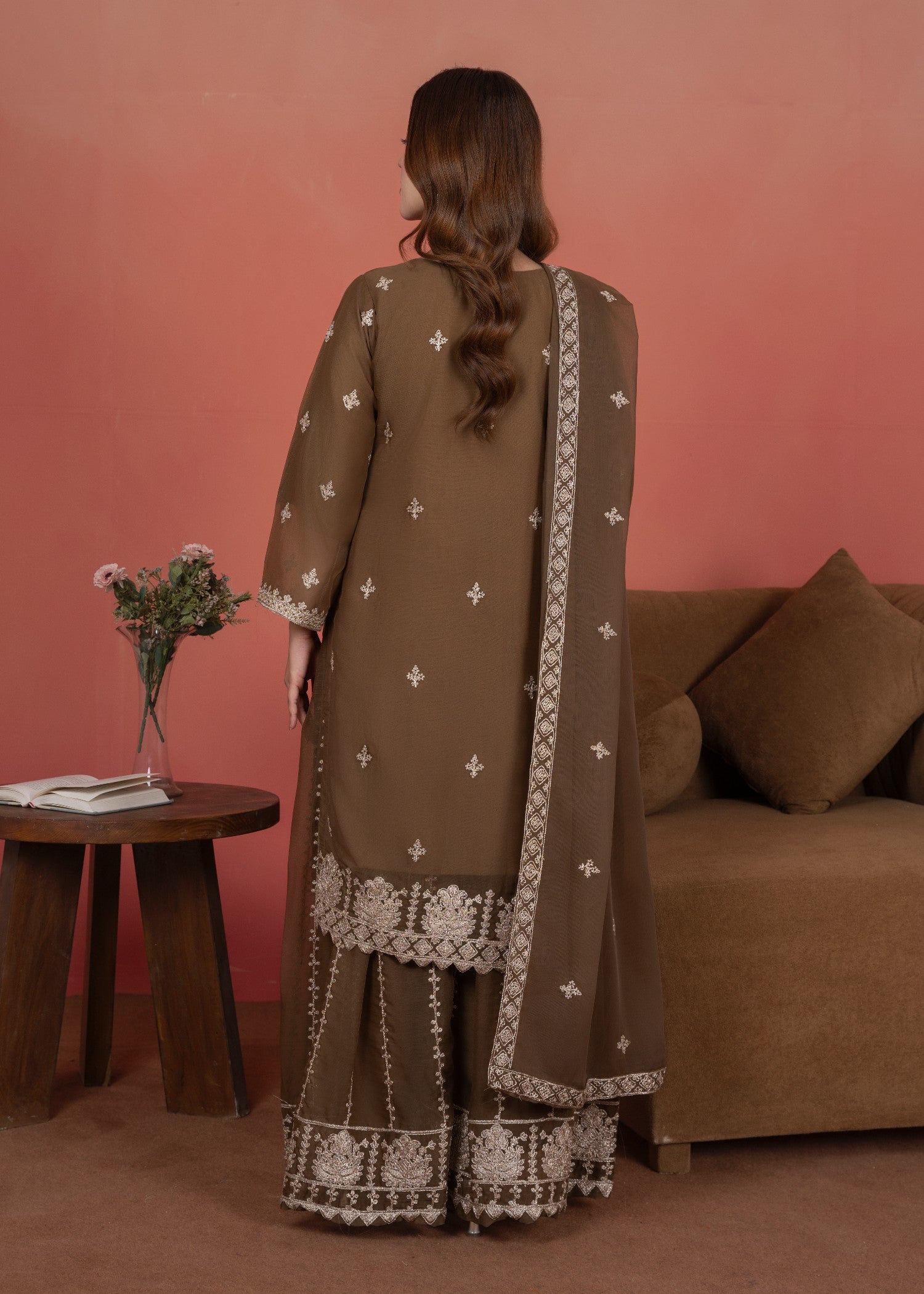 chiffon Kurta Set in Almond brown