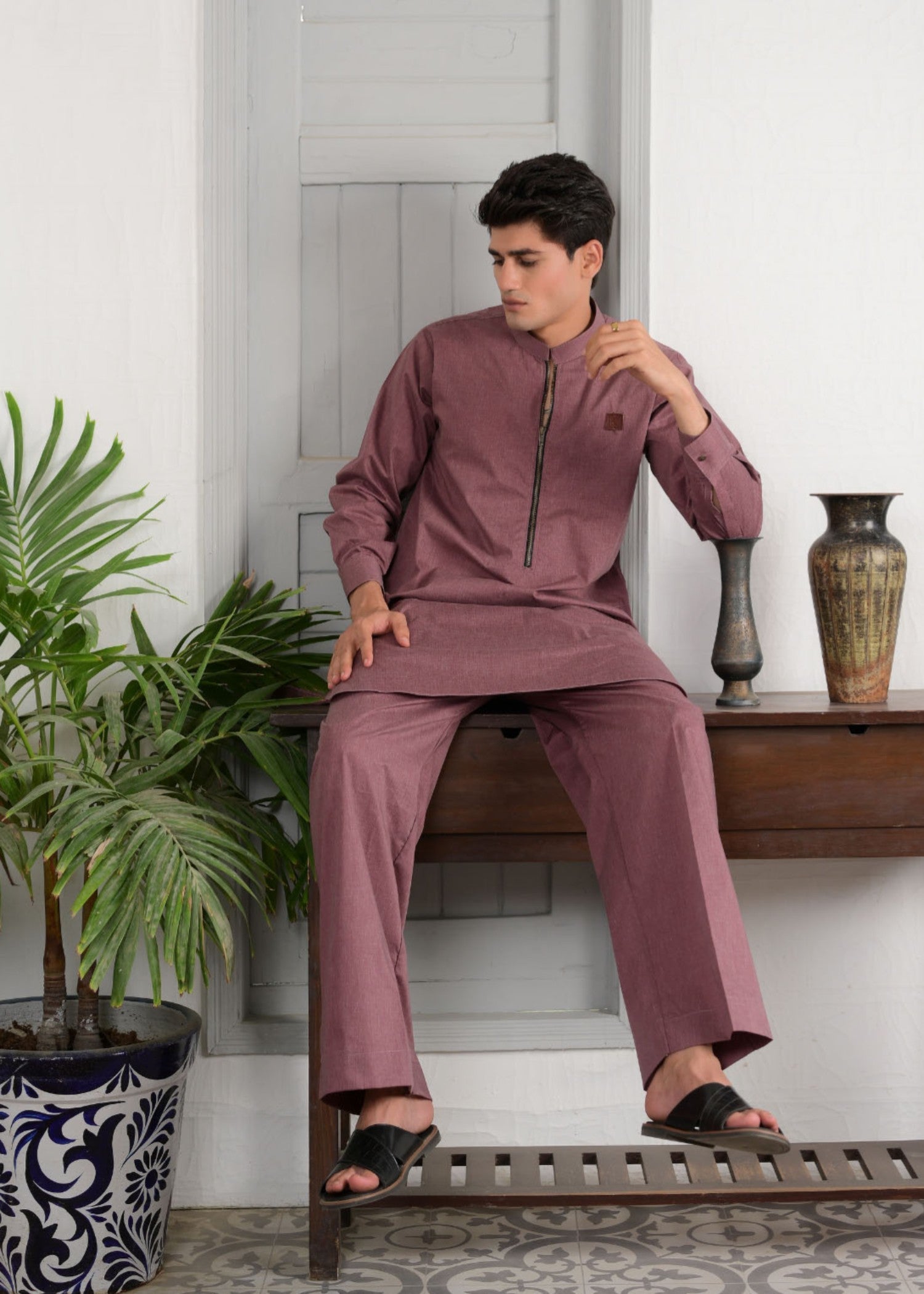 irish linen Kurta Set in Maroon