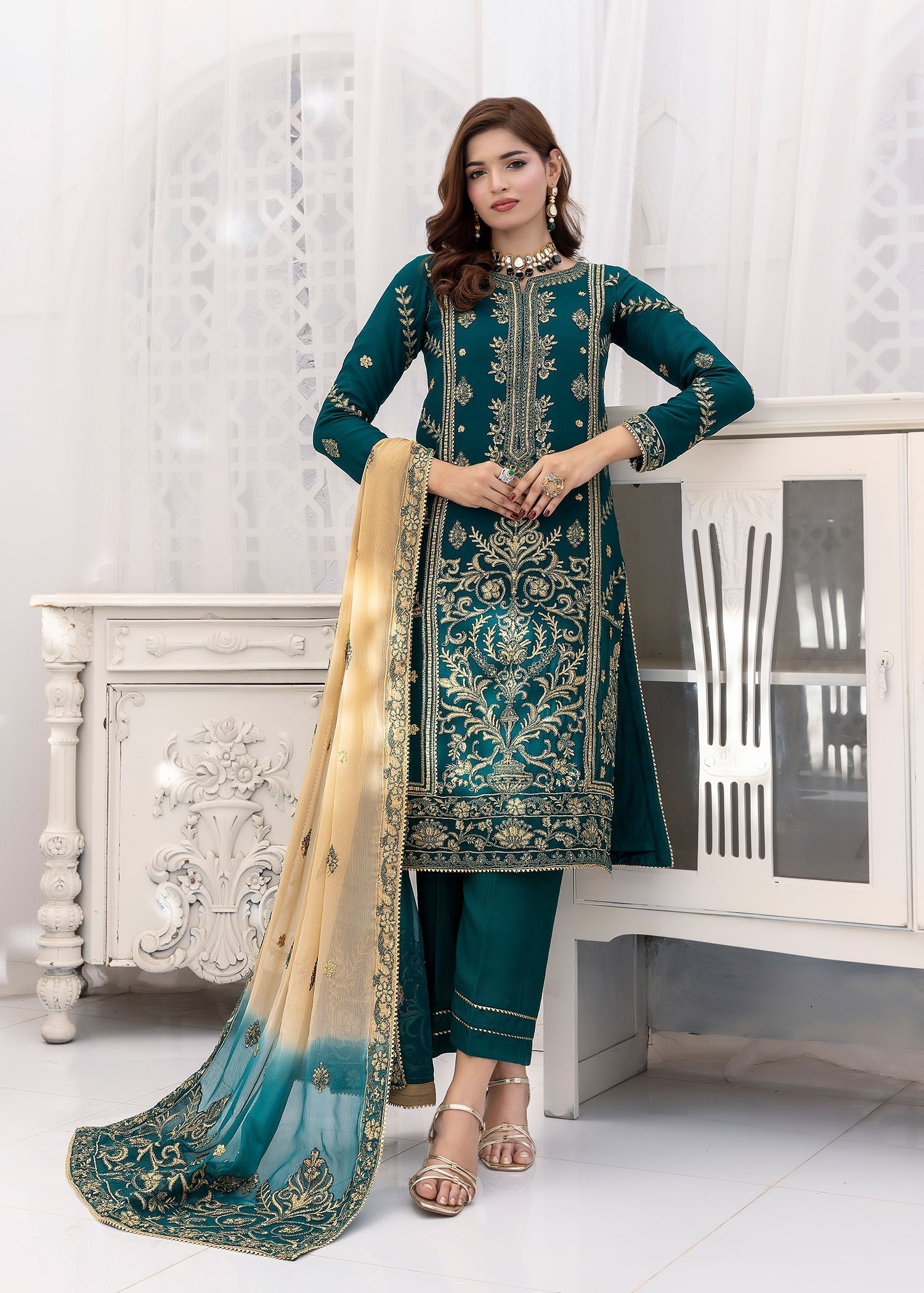 chiffon Kurta Set in Emerald green